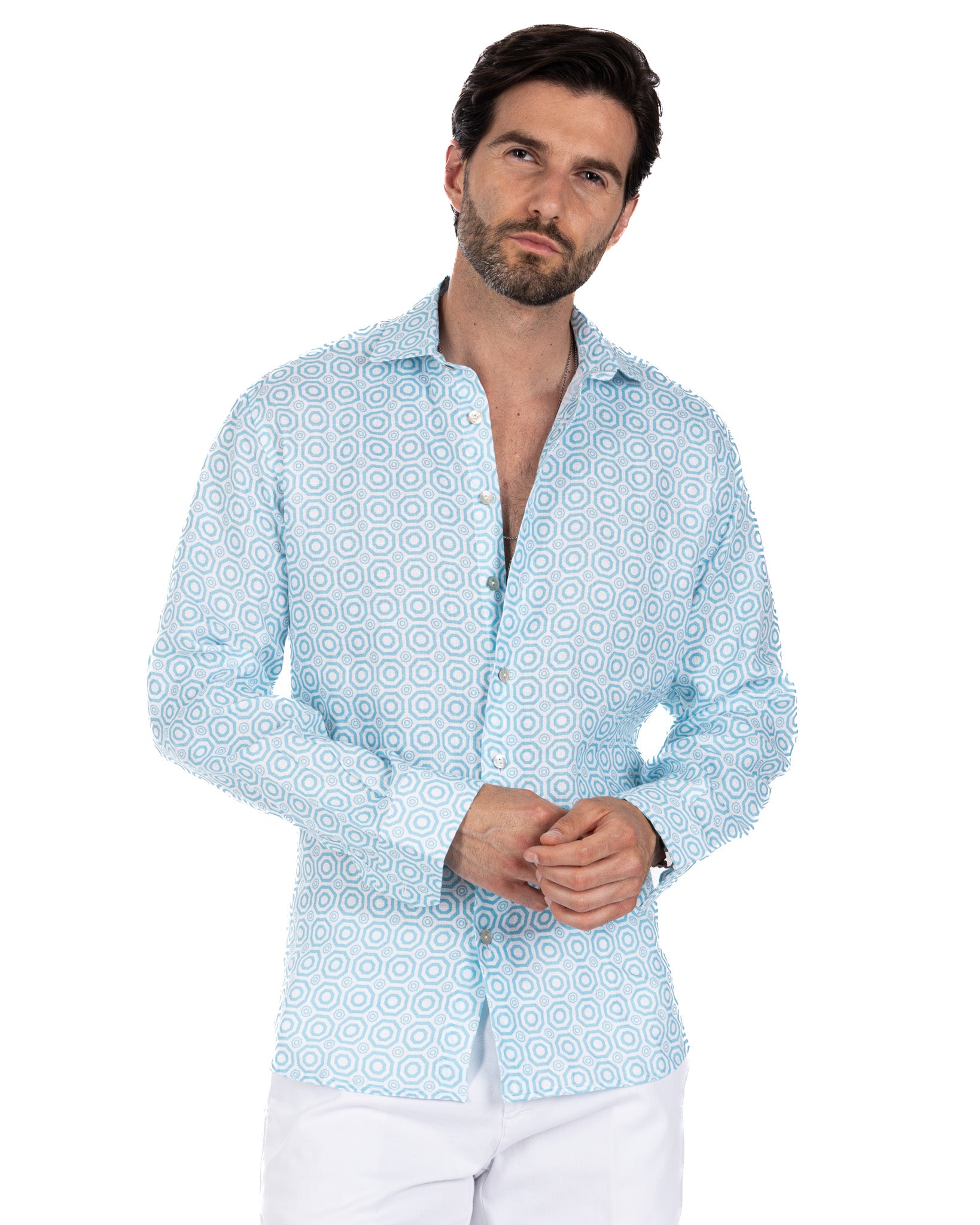 Maiolica - chemise en lin imprimé bleu clair