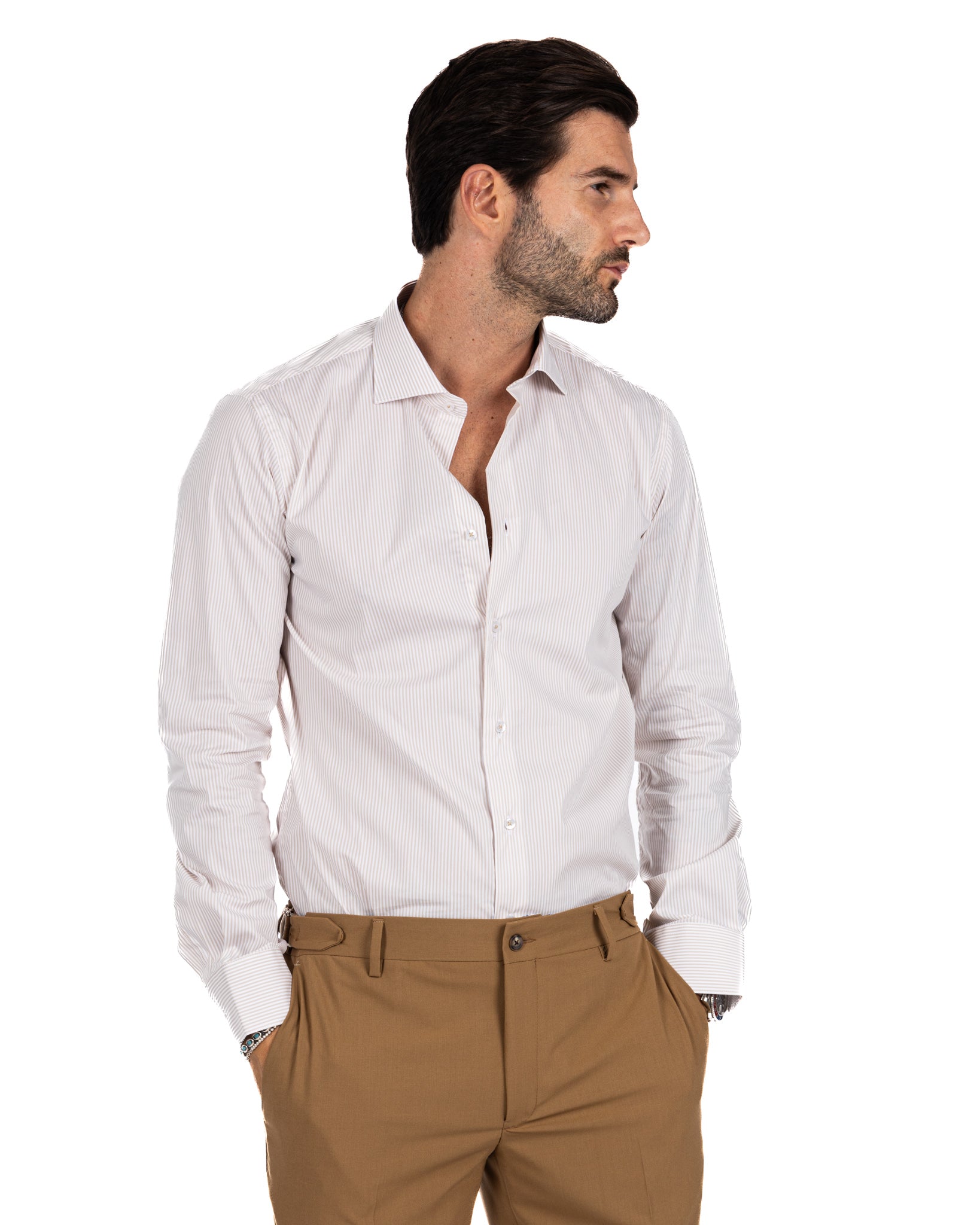 Shirt - classic basic beige narrow stripe in cotton