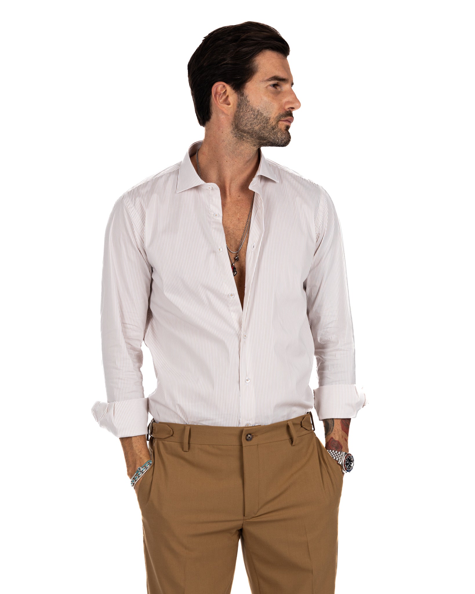 Shirt - classic basic beige narrow stripe in cotton