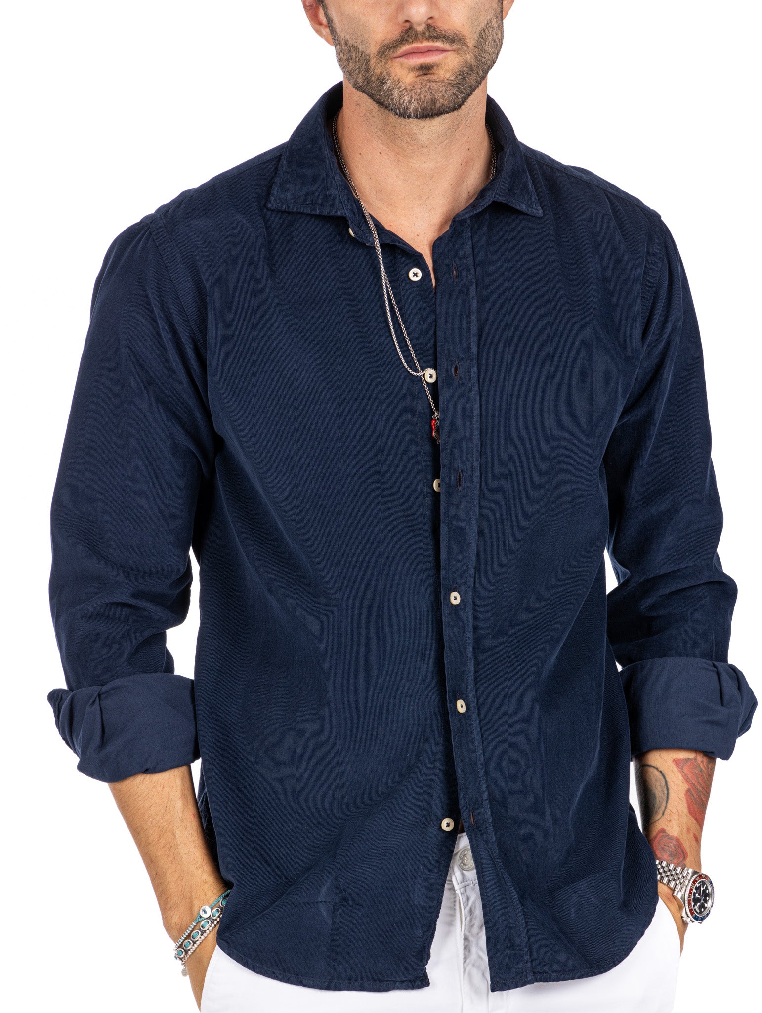 Vega - blue striped velvet shirt