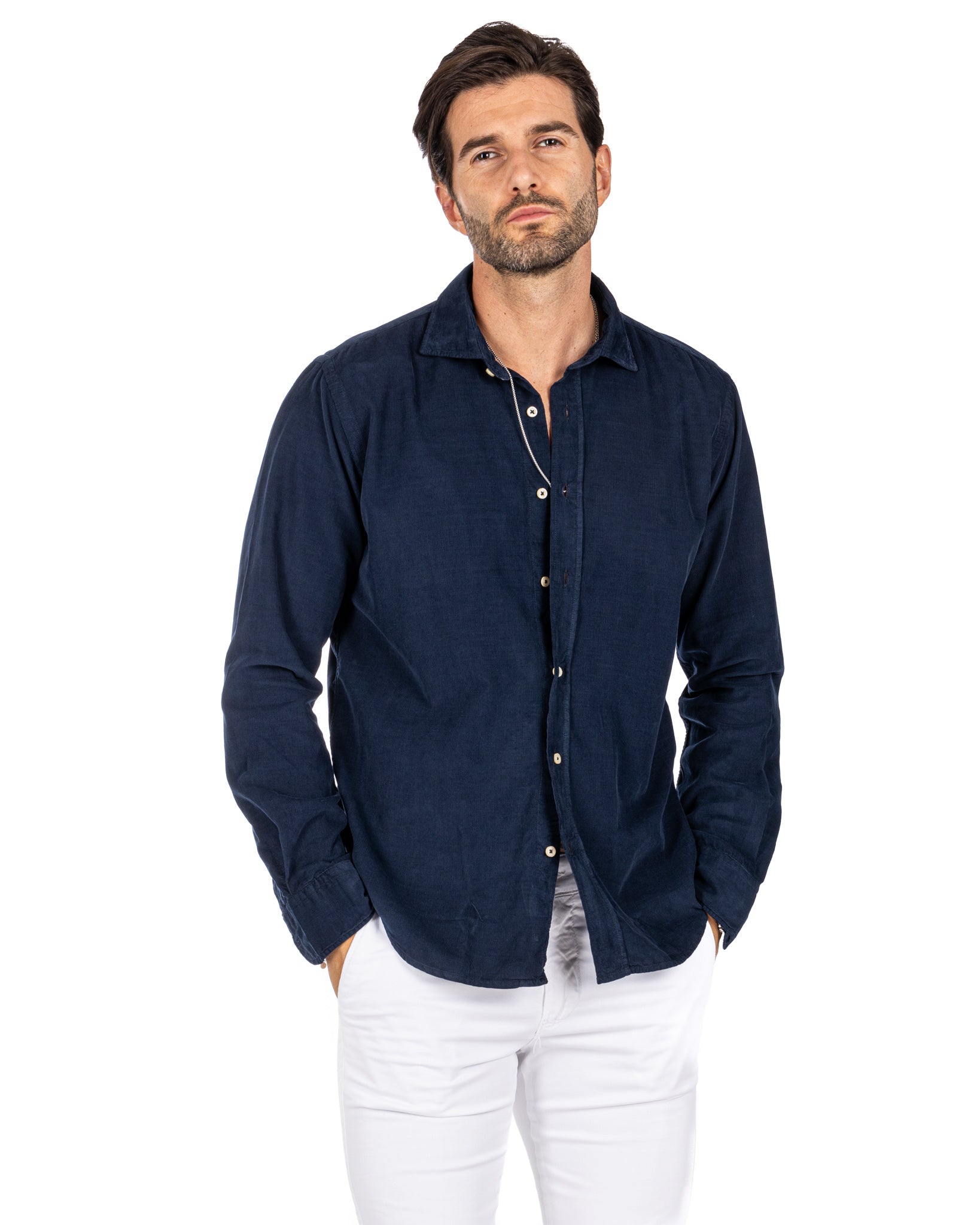 Vega - blue striped velvet shirt
