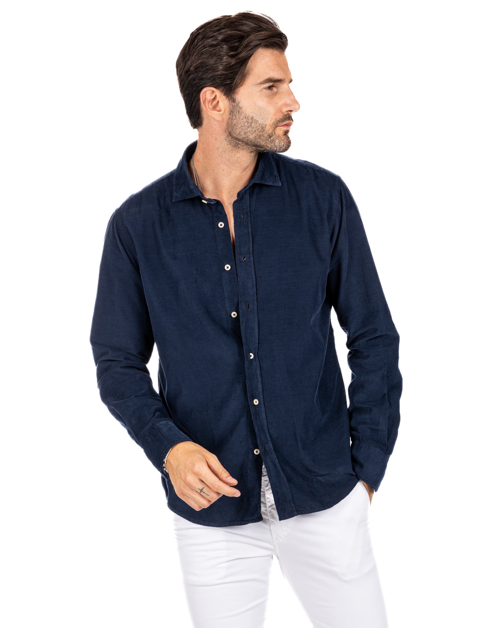 Vega - blue striped velvet shirt