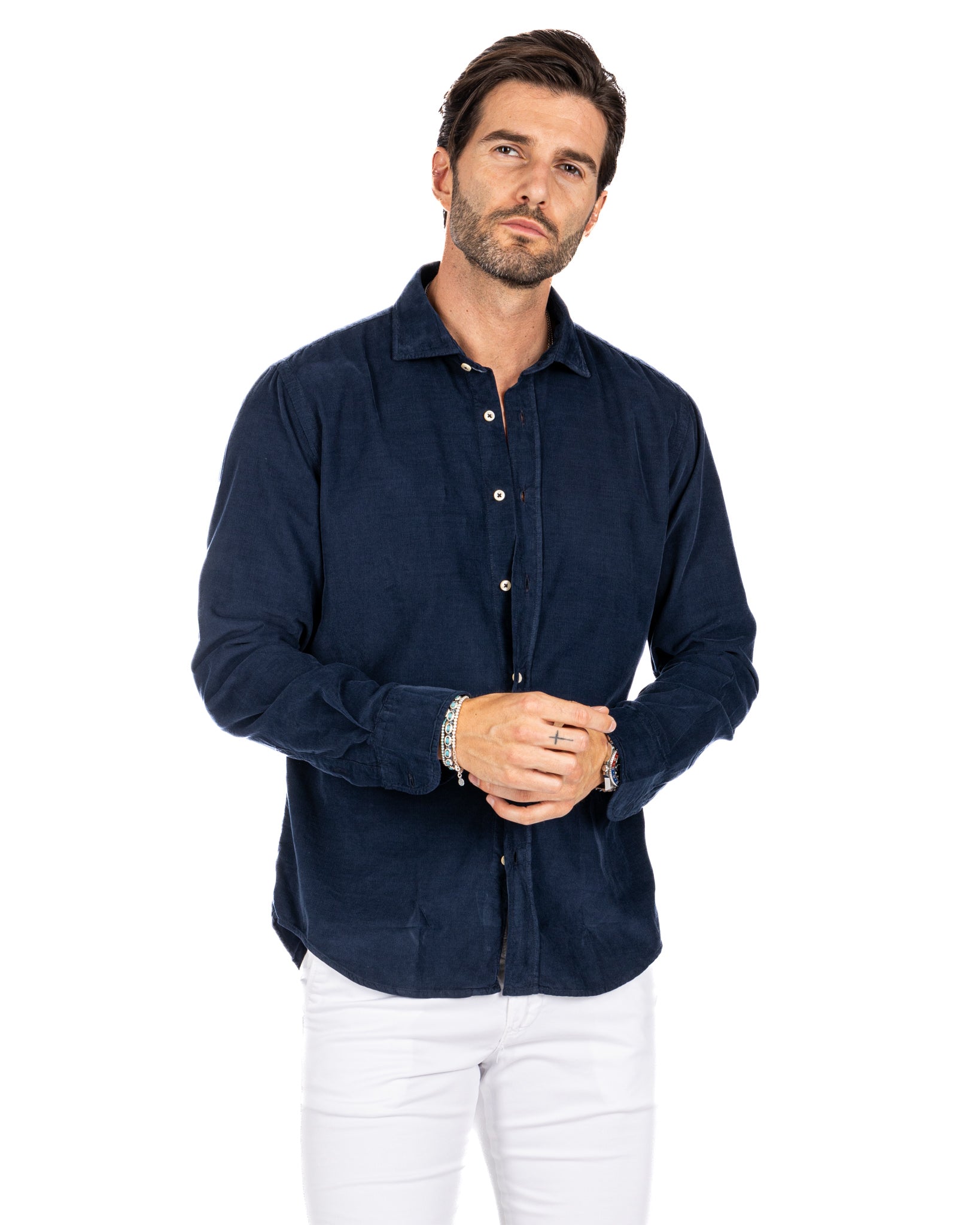 Vega - blue striped velvet shirt