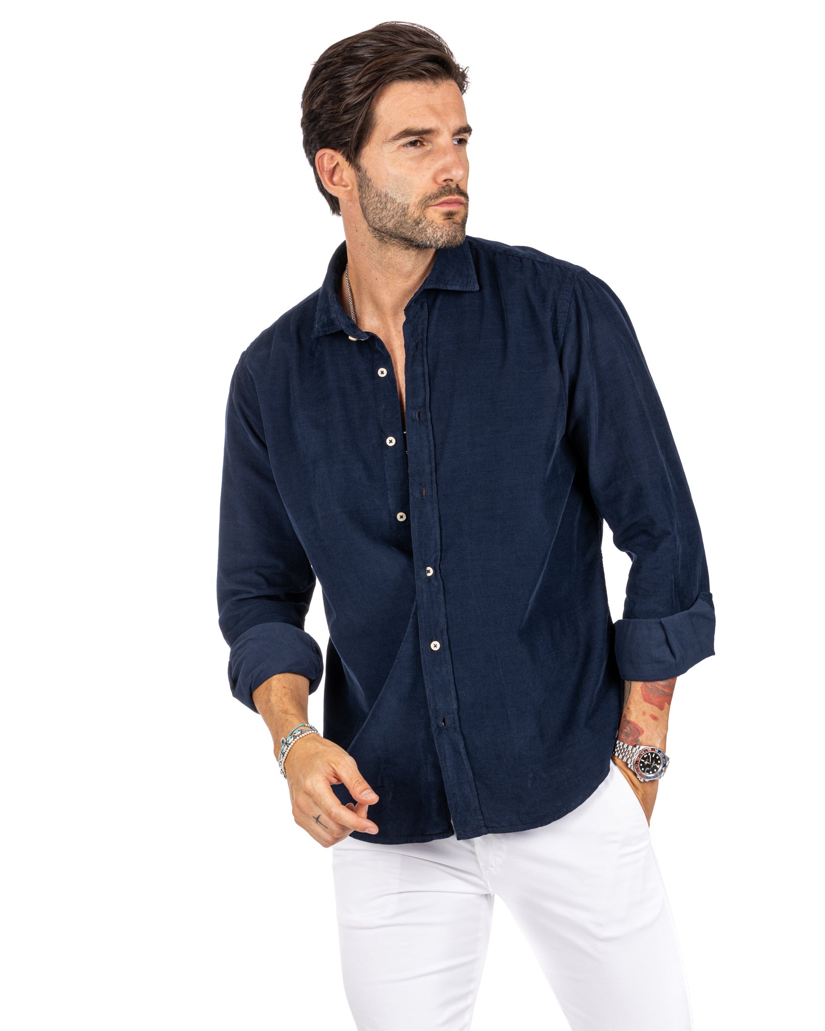 Vega - blue striped velvet shirt