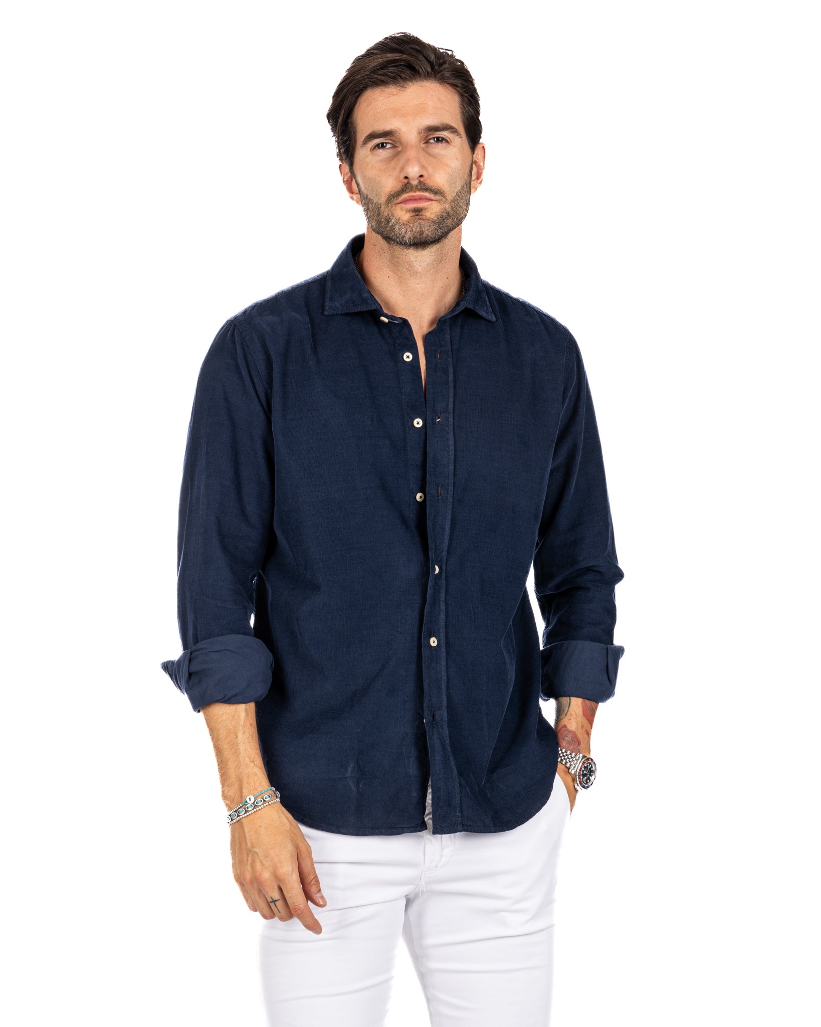 Vega - blue striped velvet shirt