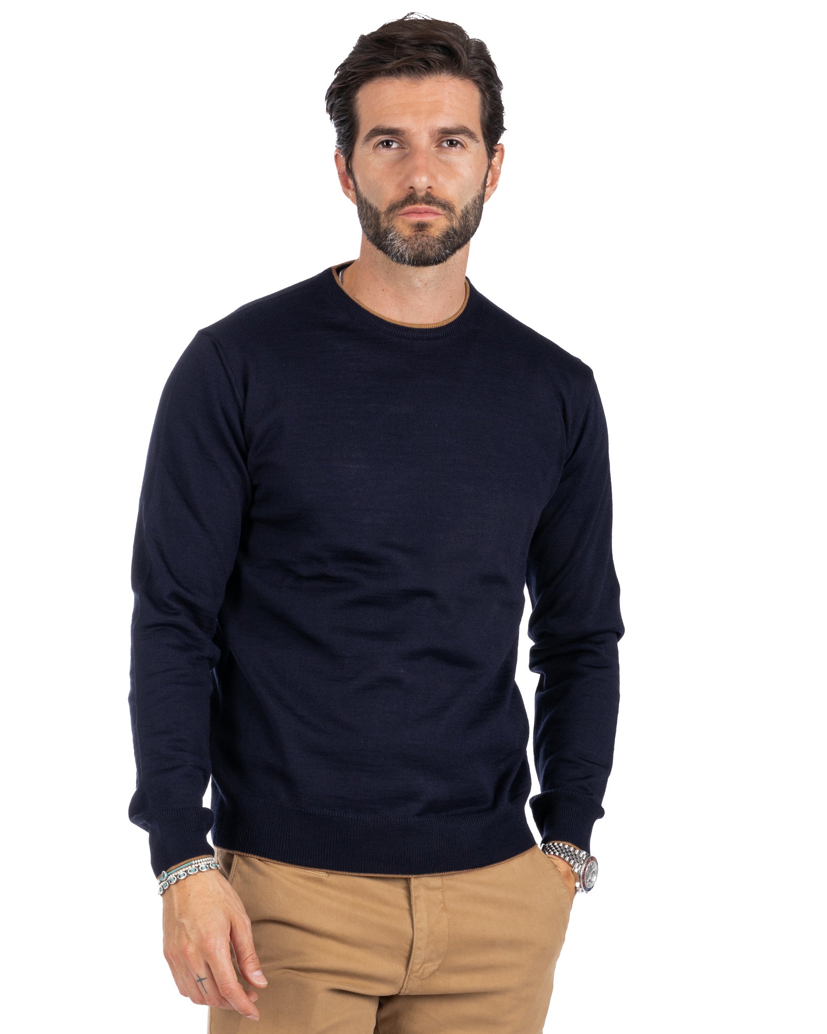 Seve - blue sweater with camel edge