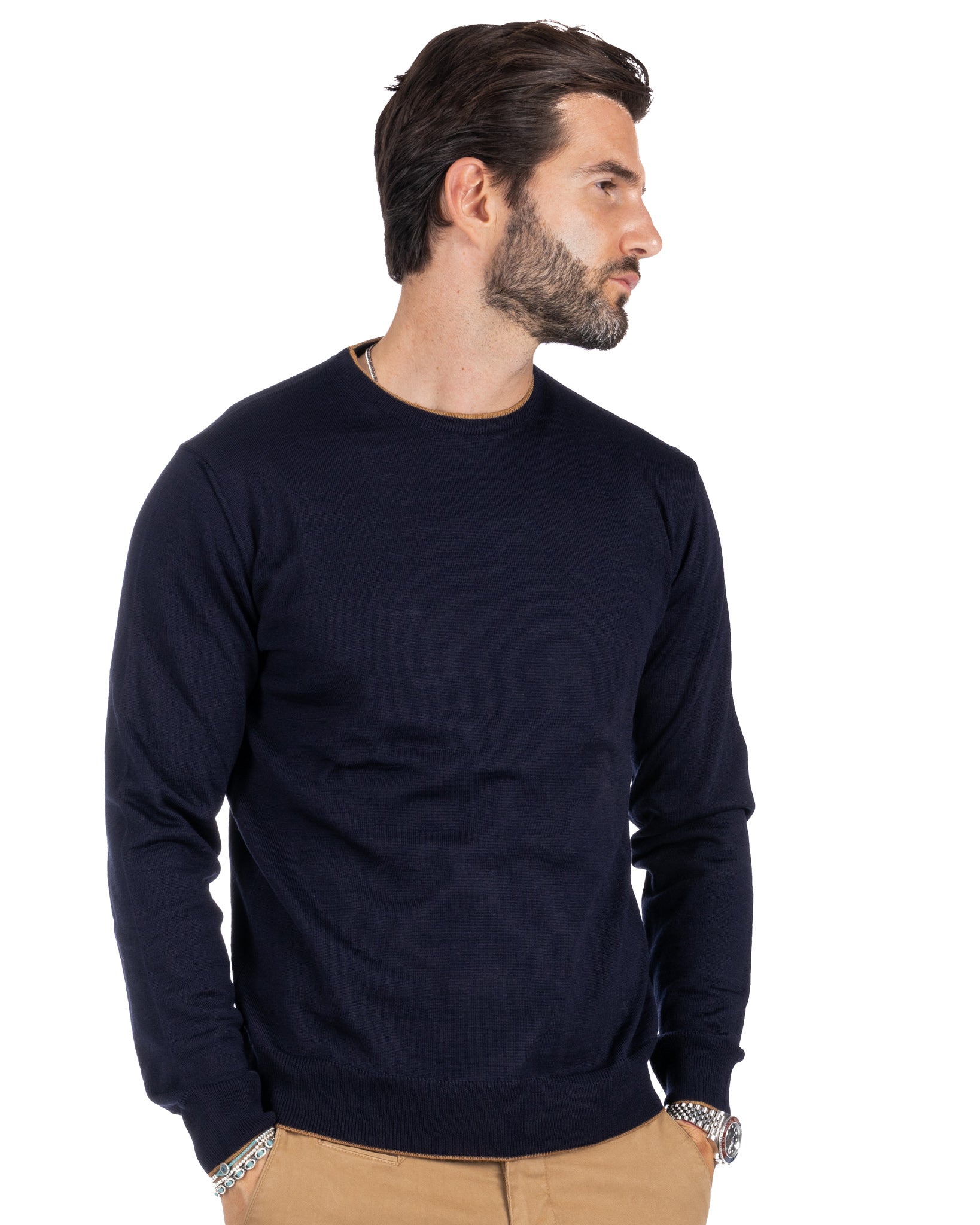 Seve - blue sweater with camel edge