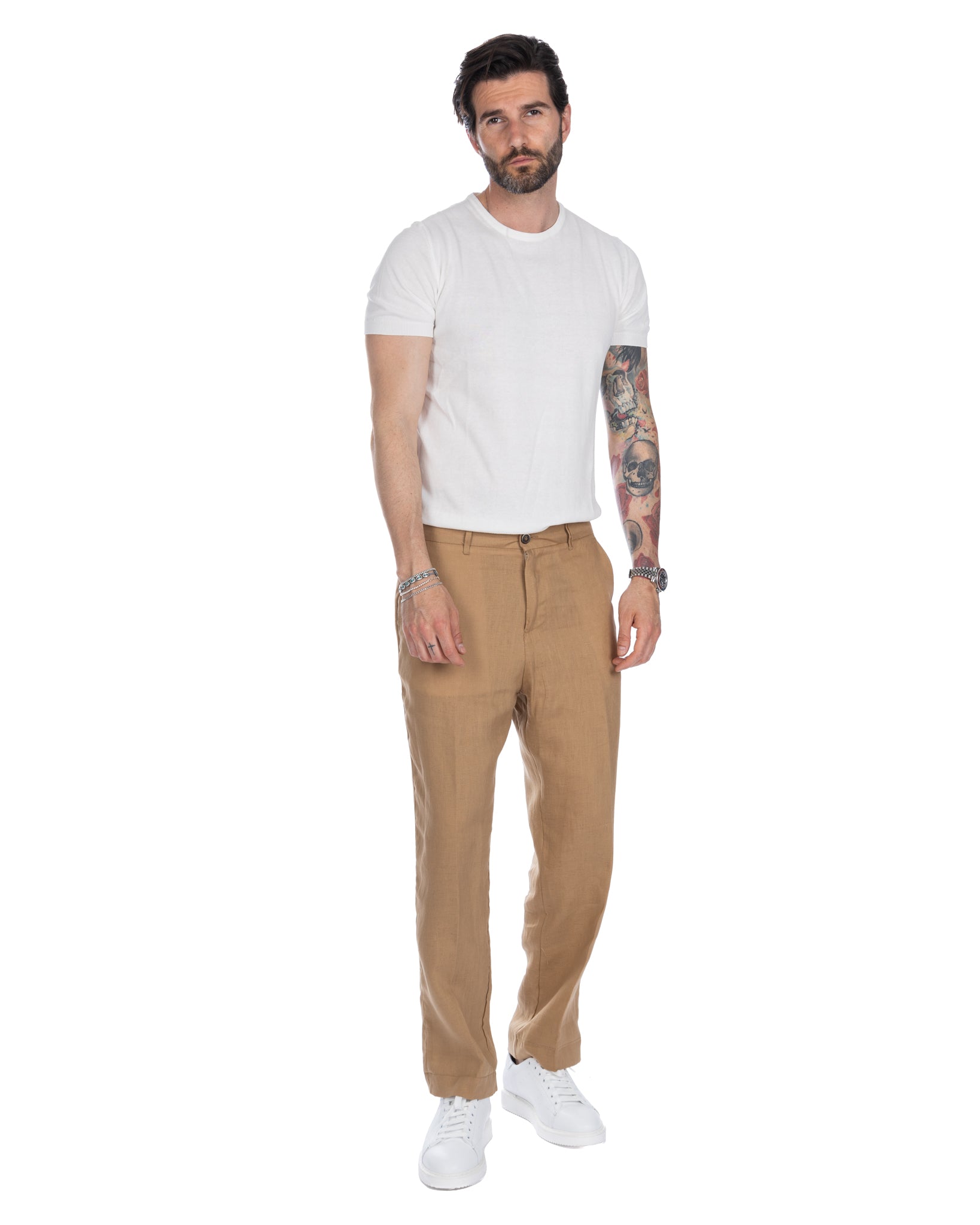 Lucas - pantalon large camel en pur lin