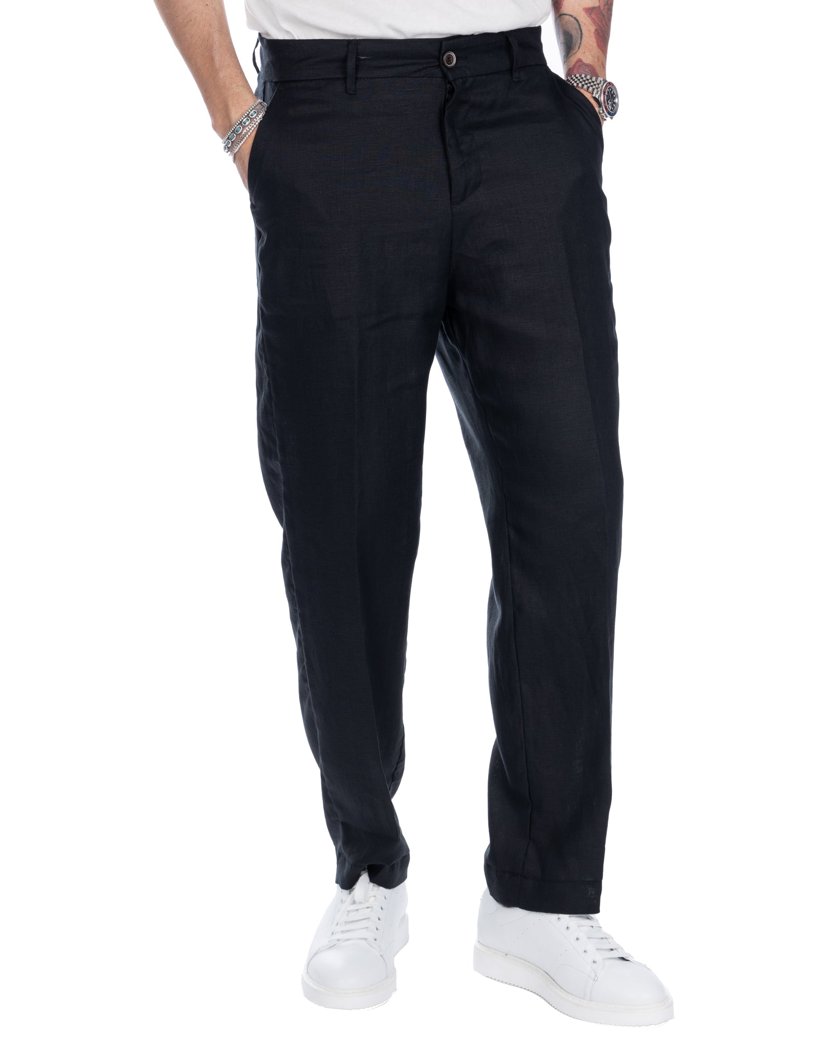 Lucas - pantalon large en pur lin noir