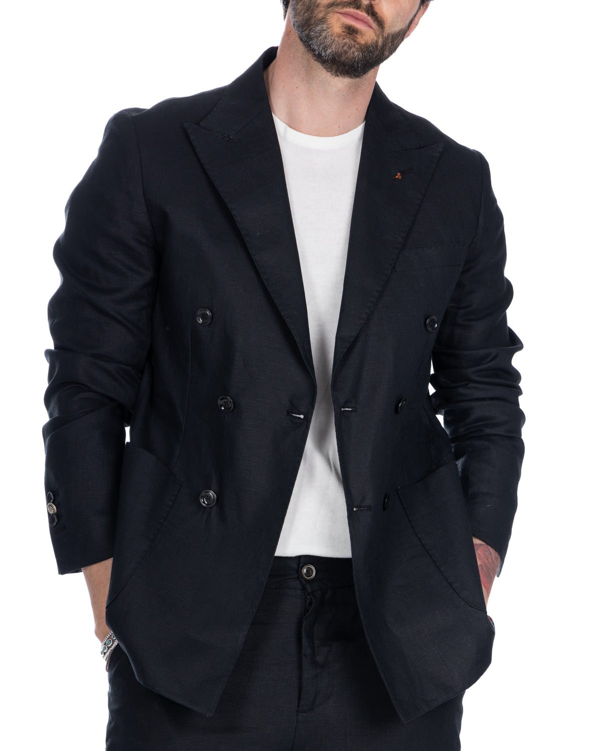 Baunei - pure black linen double-breasted jacket