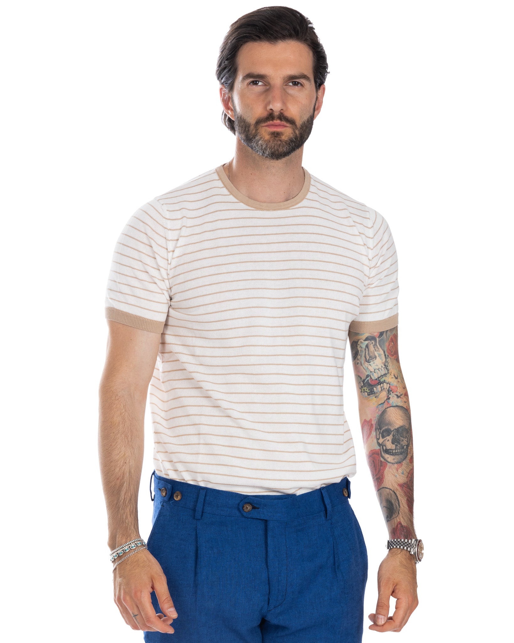 Corrado - t-shirt en maille rayé beige
