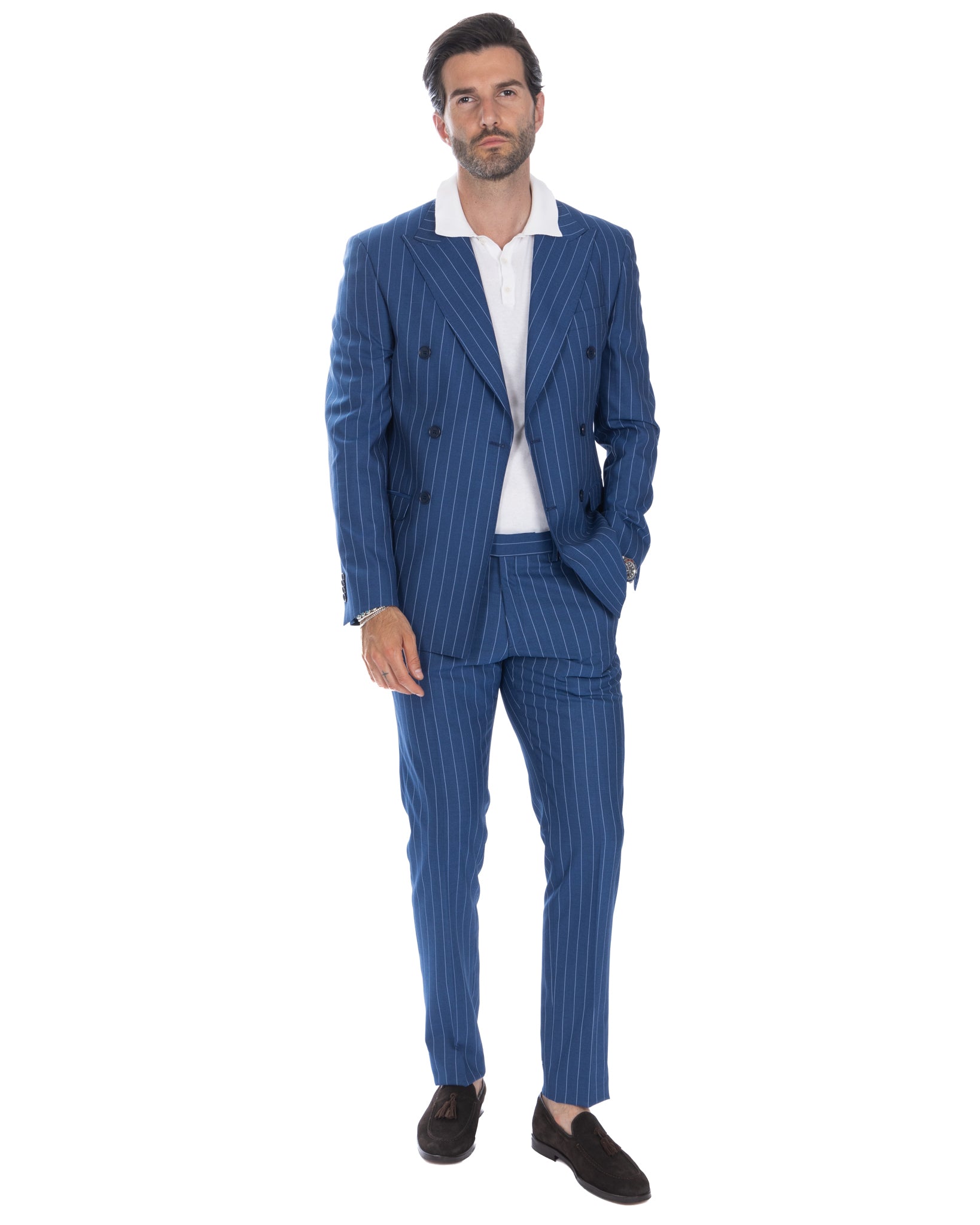 Vienna - costume croisé à rayures bleu bleuet