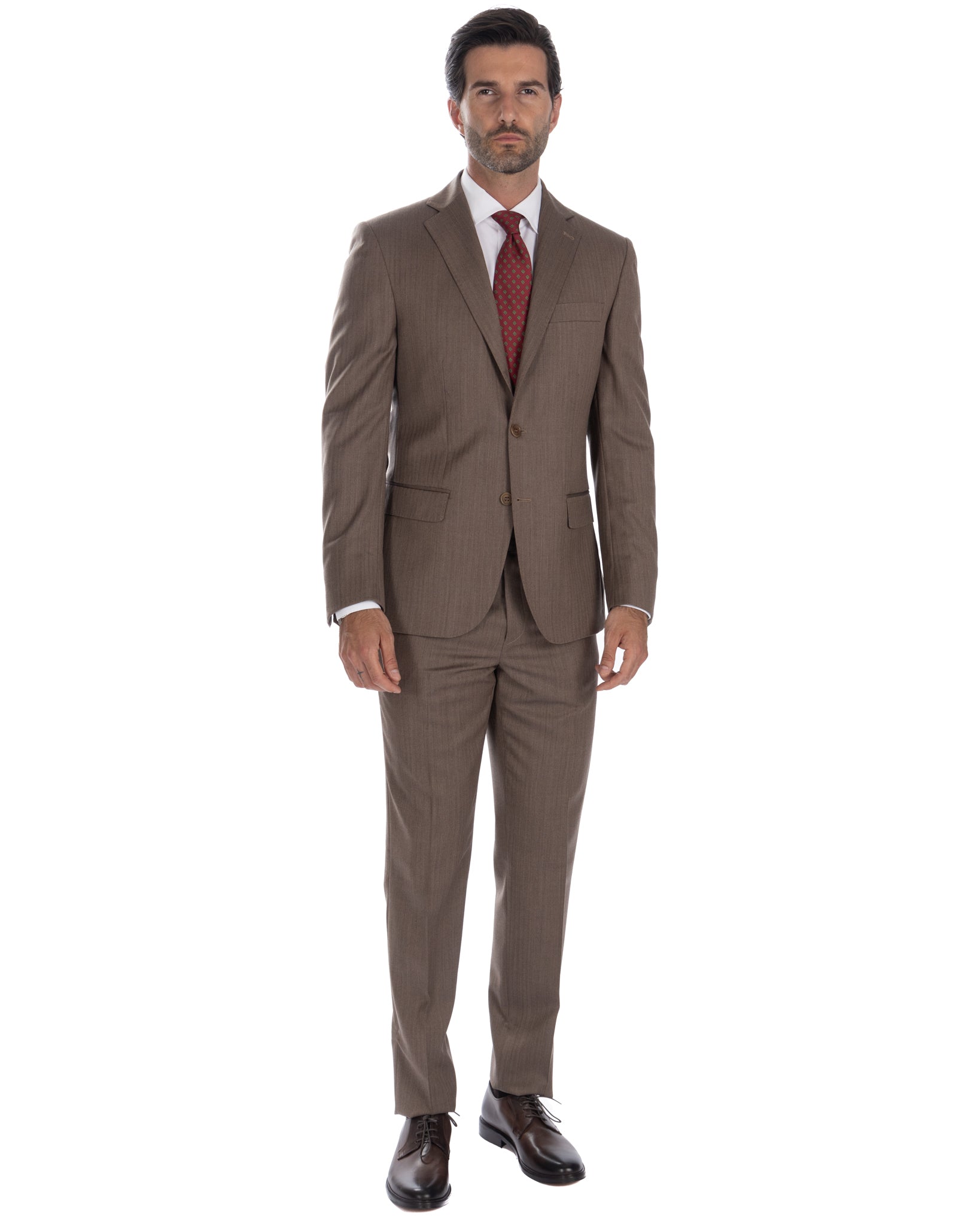 Single Breasted Herringbone Suit in Dark Brown - Vitale Barberis Canonico