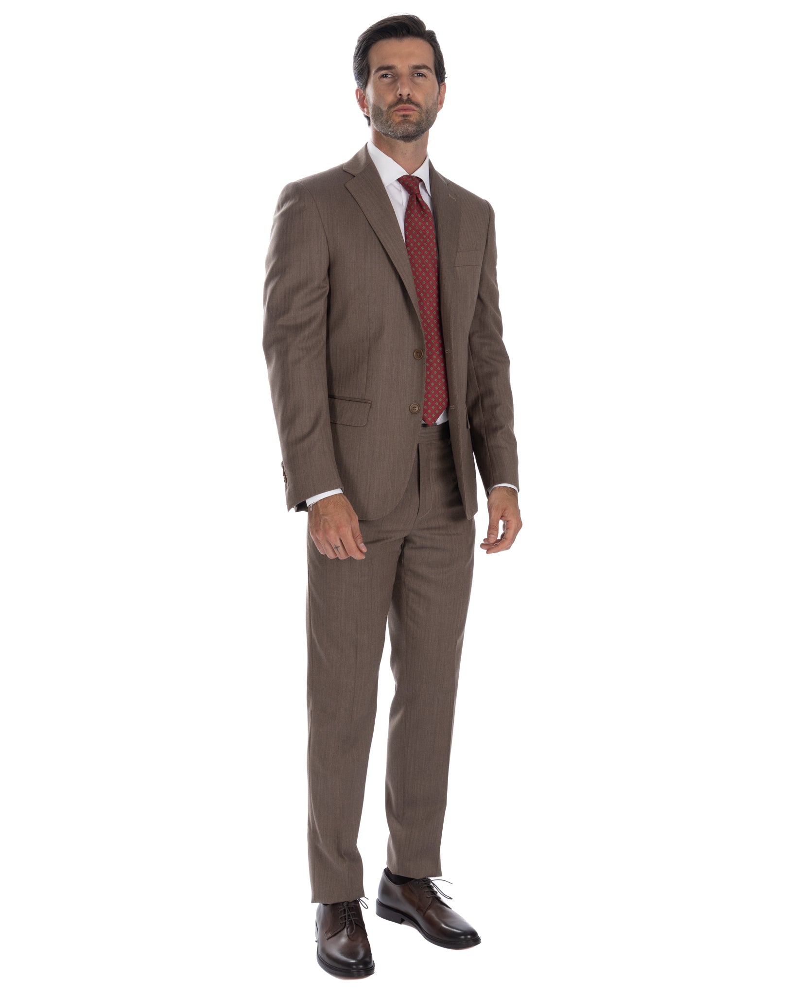 Single Breasted Herringbone Suit in Dark Brown - Vitale Barberis Canonico