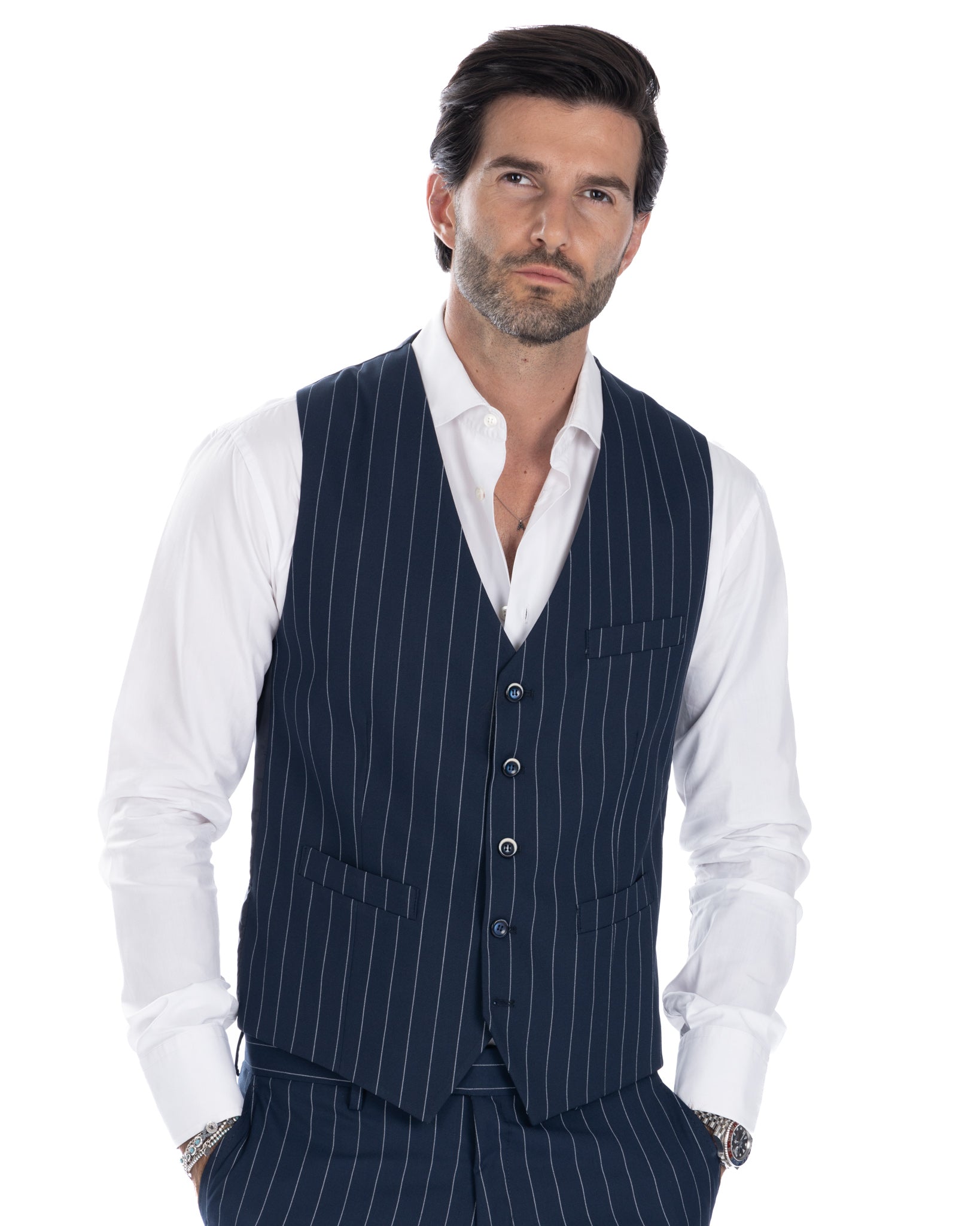 Mainz - gilet monopetto gessato blu