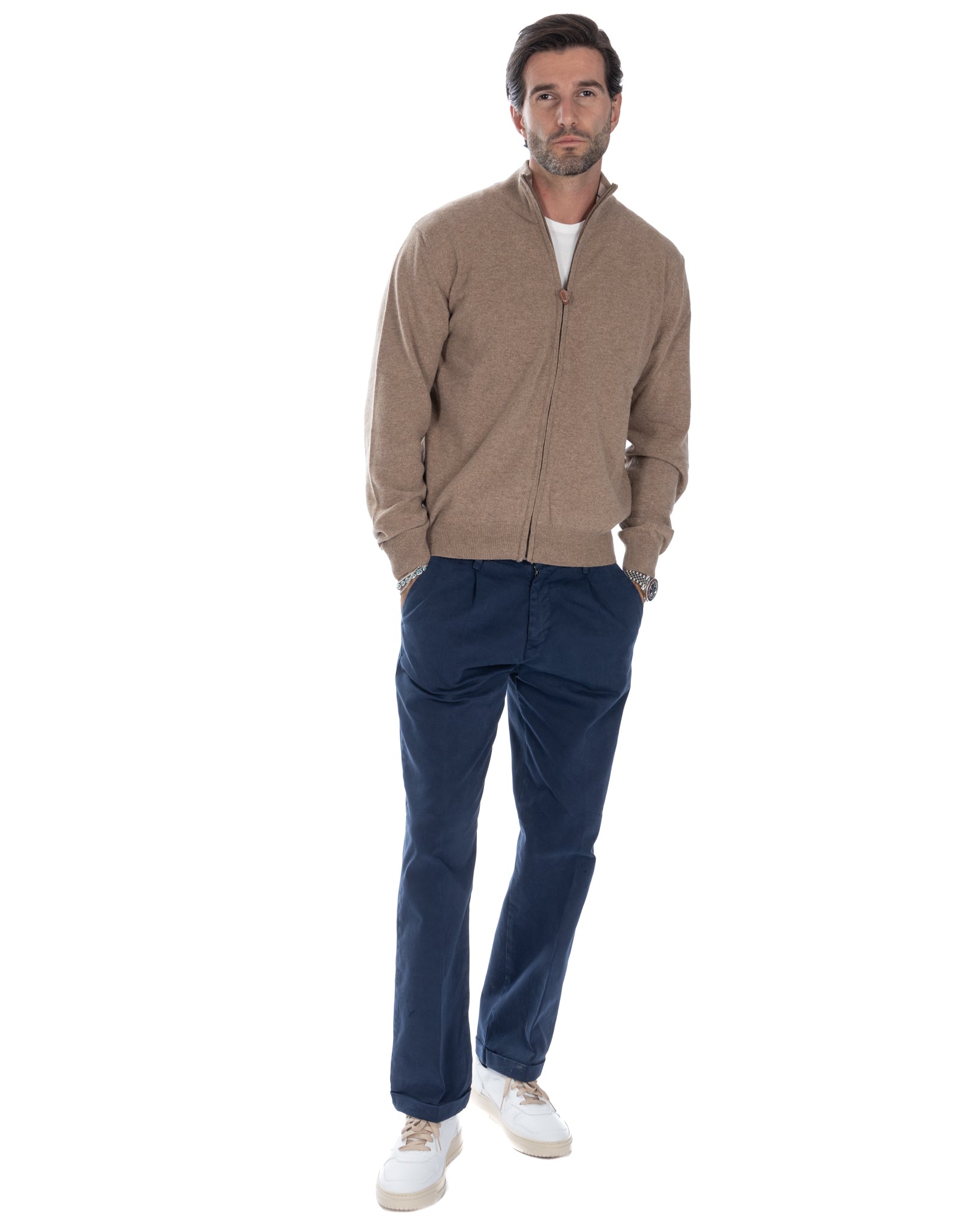 Matt - full zip tobacco sweater in cashmere blend