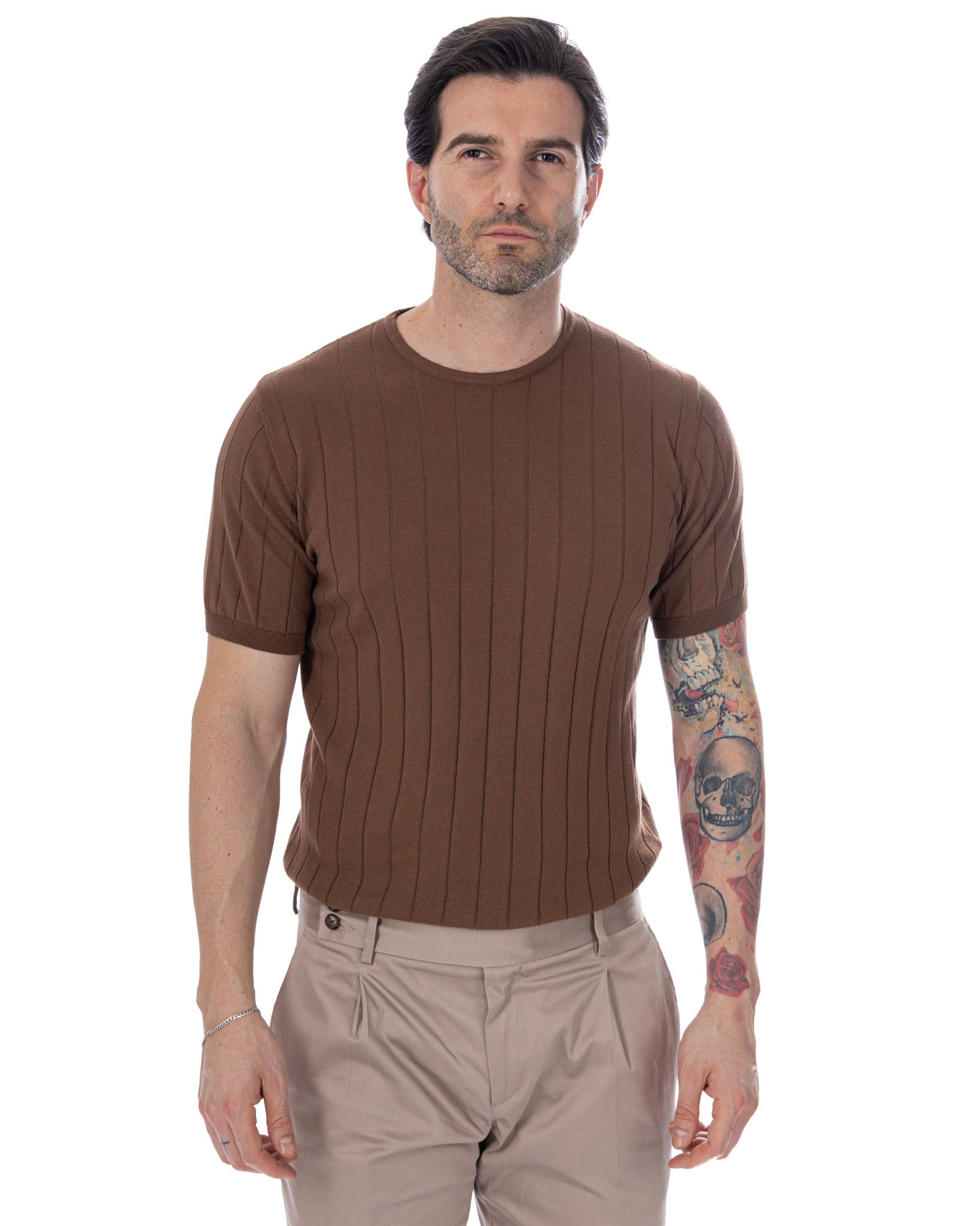 Adriano - dark brown ribbed knit t-shirt