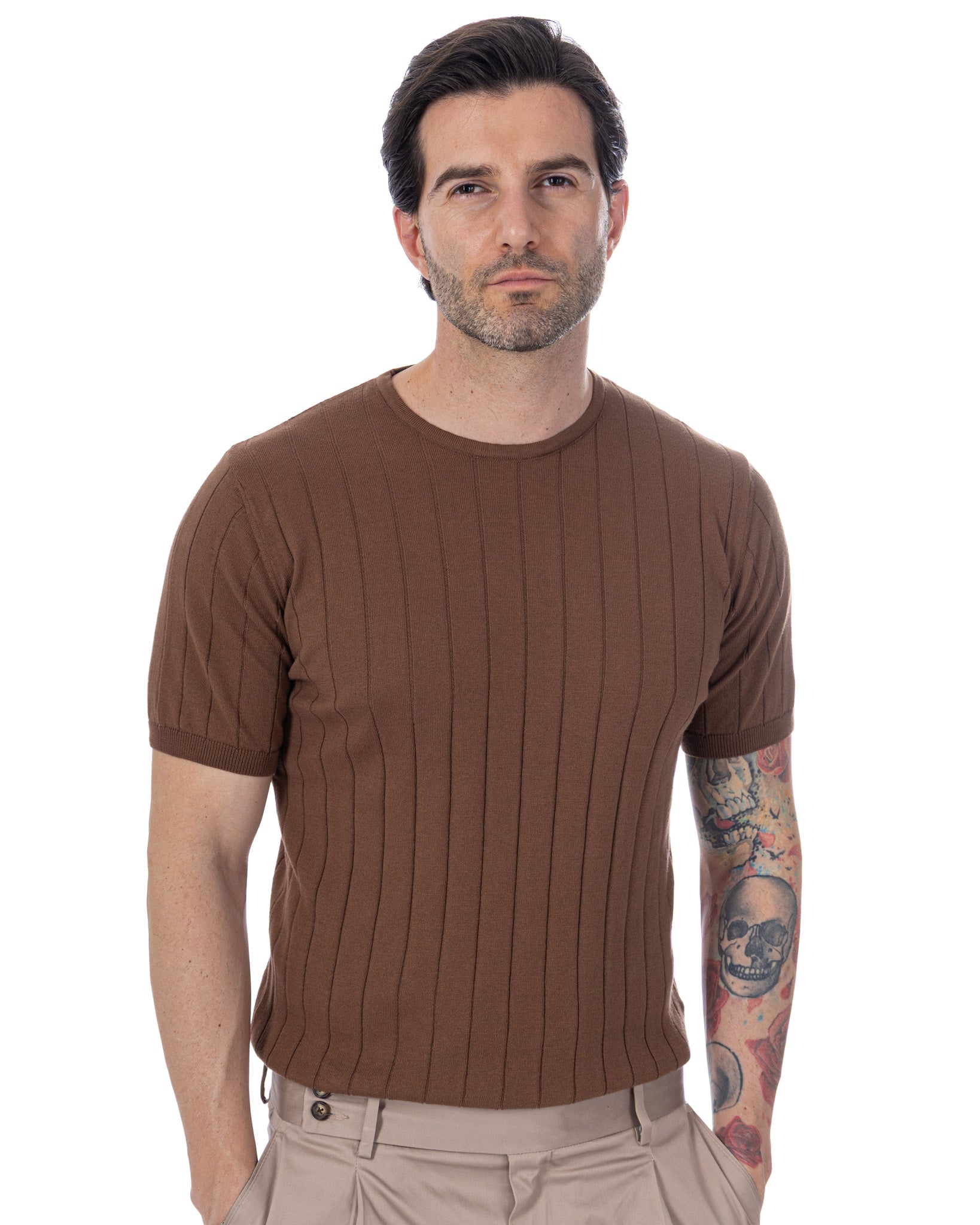 Adriano - dark brown ribbed knit t-shirt