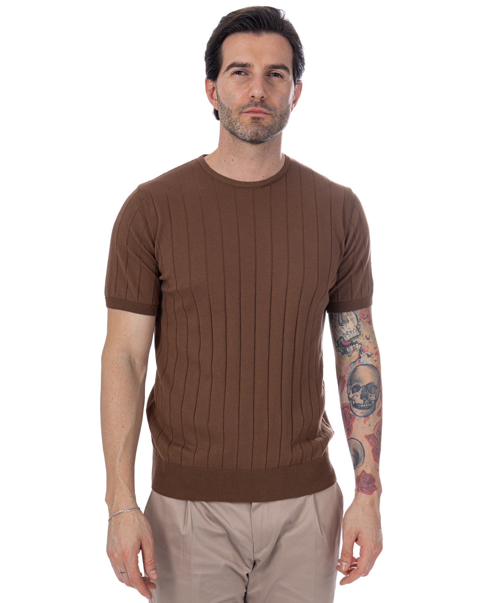 Adriano - dark brown ribbed knit t-shirt