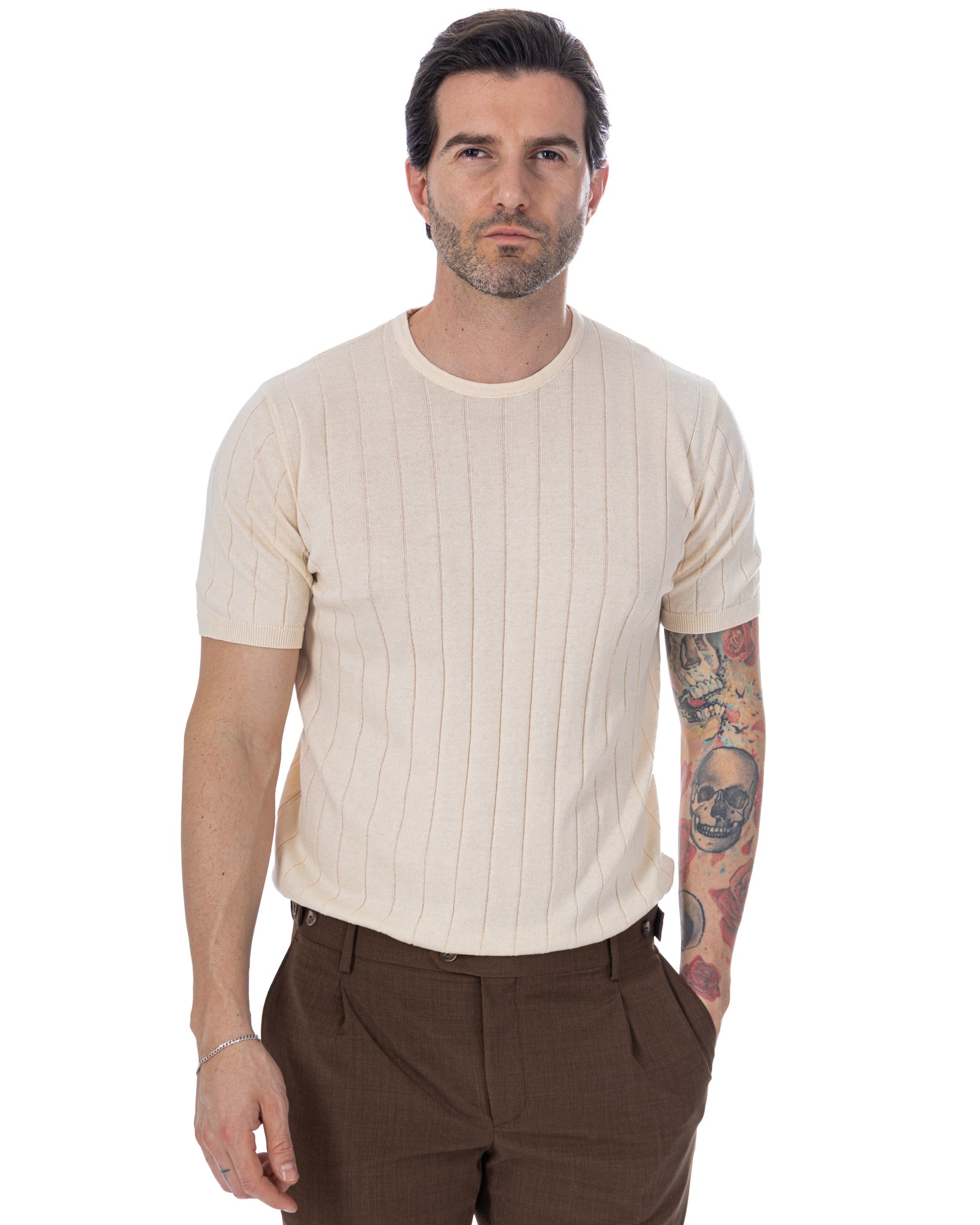Adriano ribbed knit T-shirt in cream