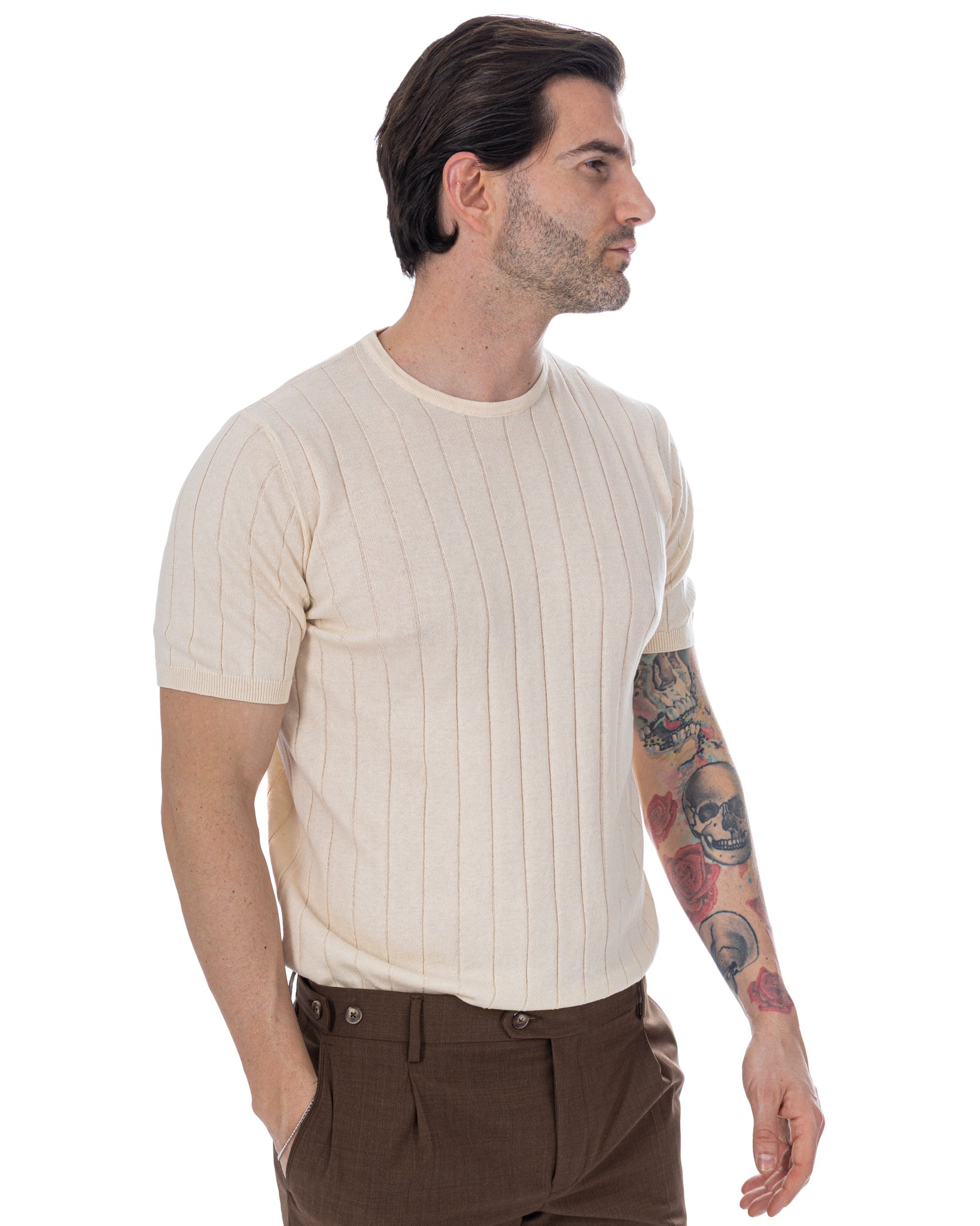 Adriano ribbed knit T-shirt in cream