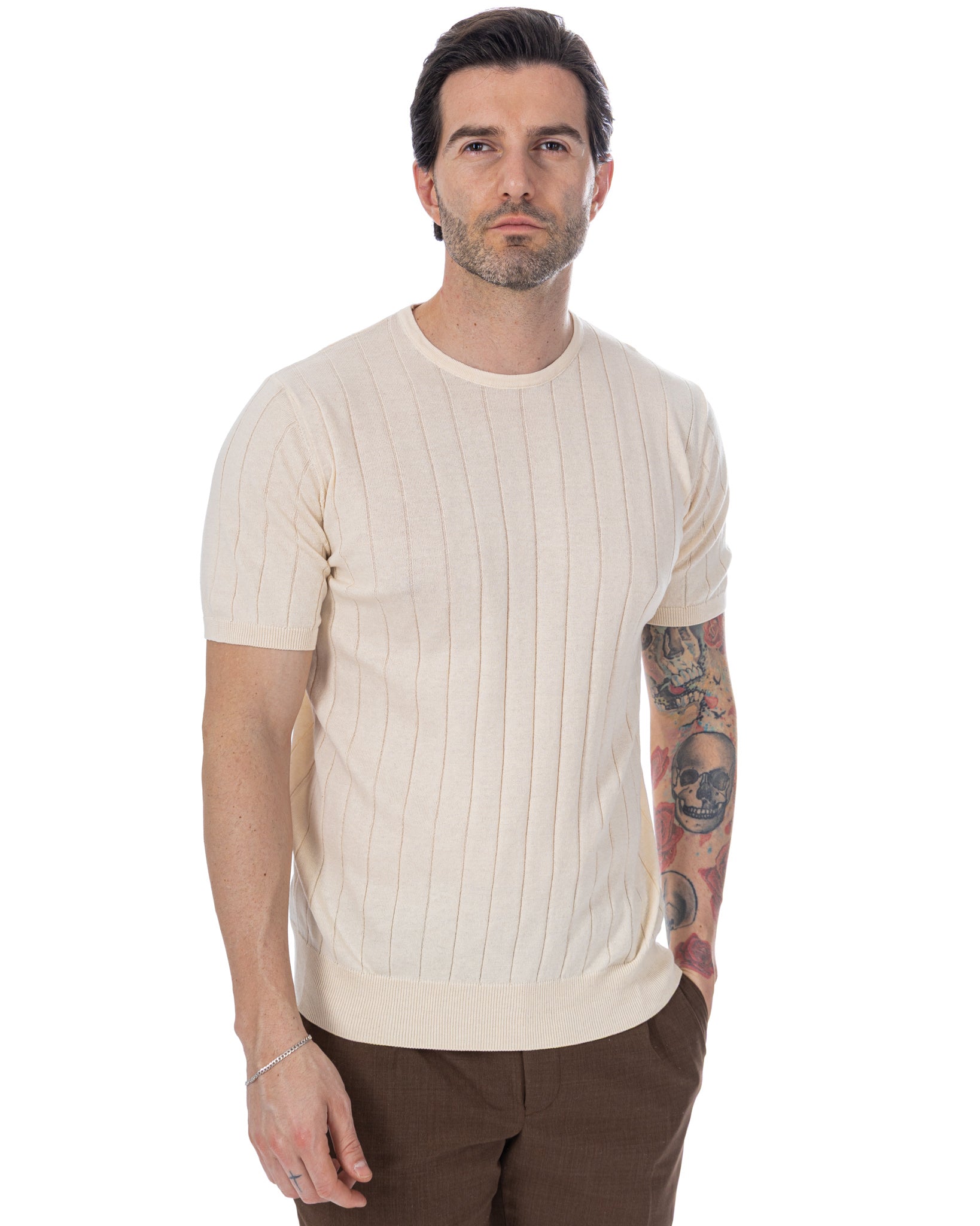 Adriano ribbed knit T-shirt in cream