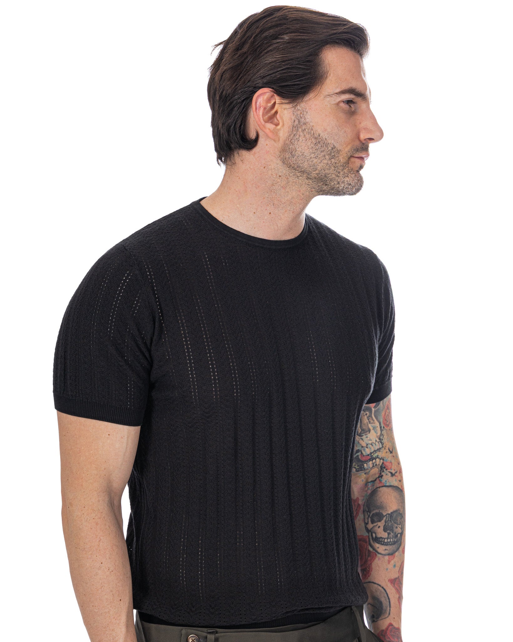 Nick - t-shirt a maglia traforata nera