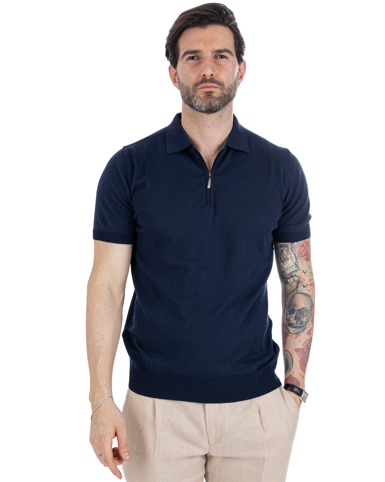 Sebastian - polo in maglia blu con cerniera