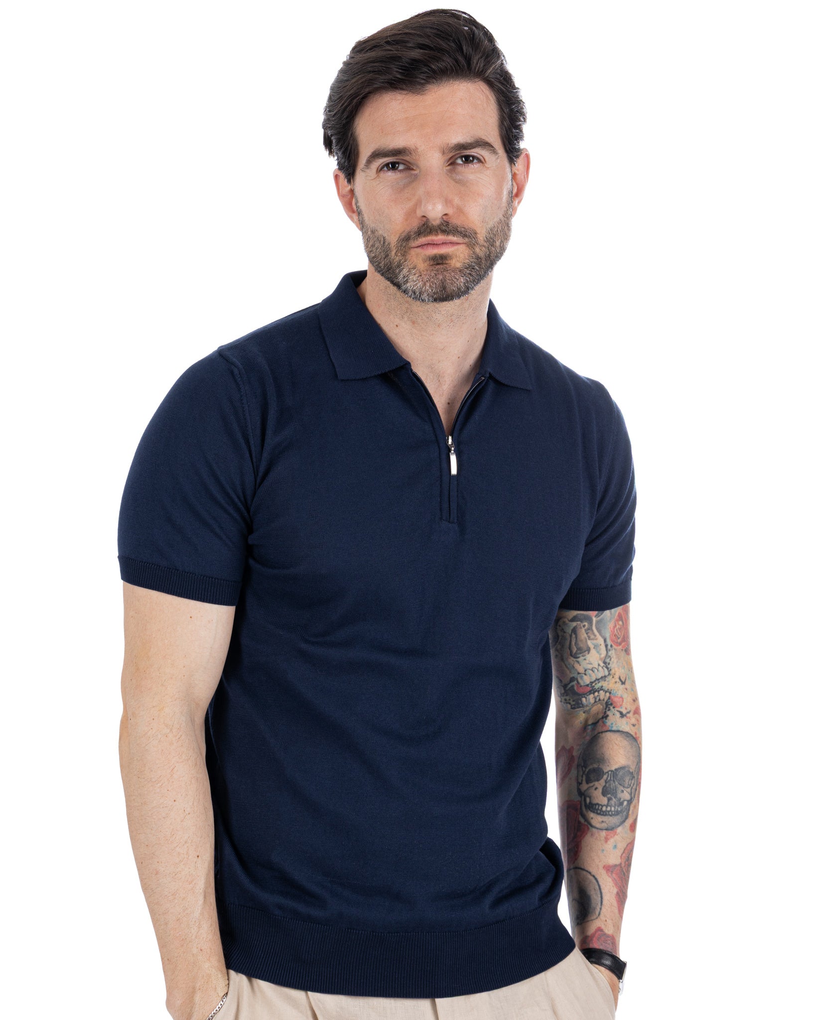 Sebastian - polo in maglia blu con cerniera