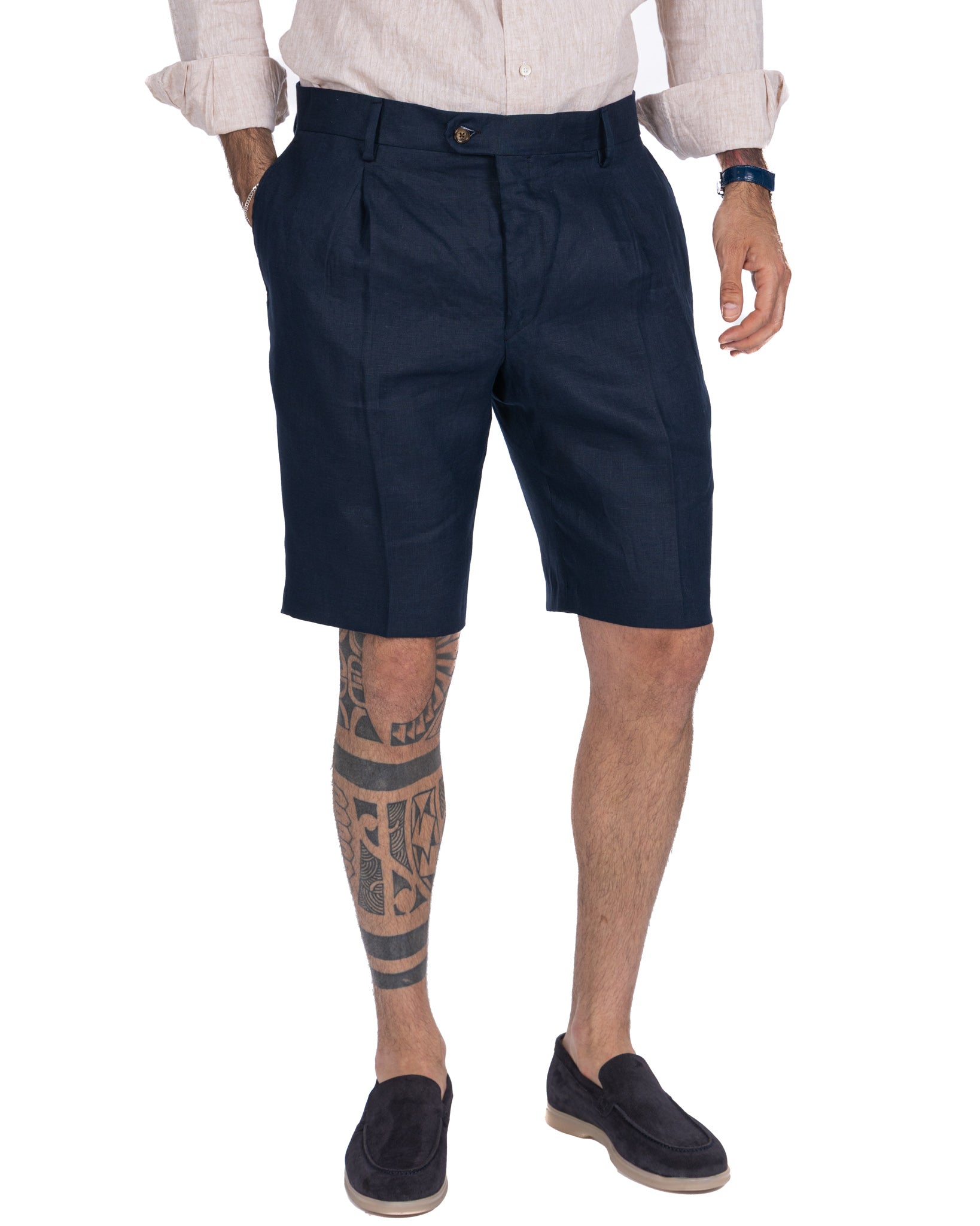 Rowan - Bermuda taille haute à plis bleus