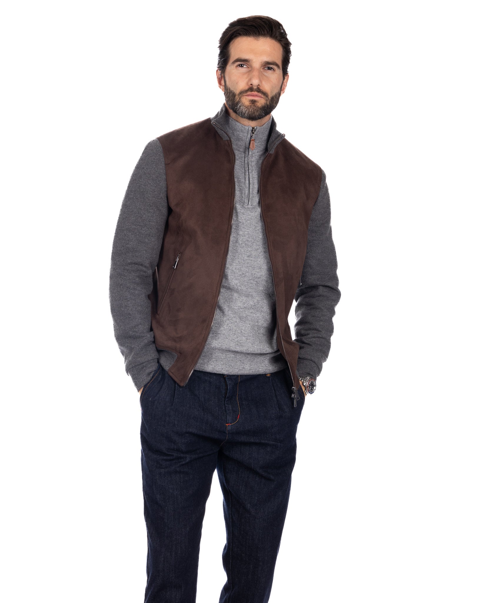 Travis - dark brown eco-suede jacket with zip