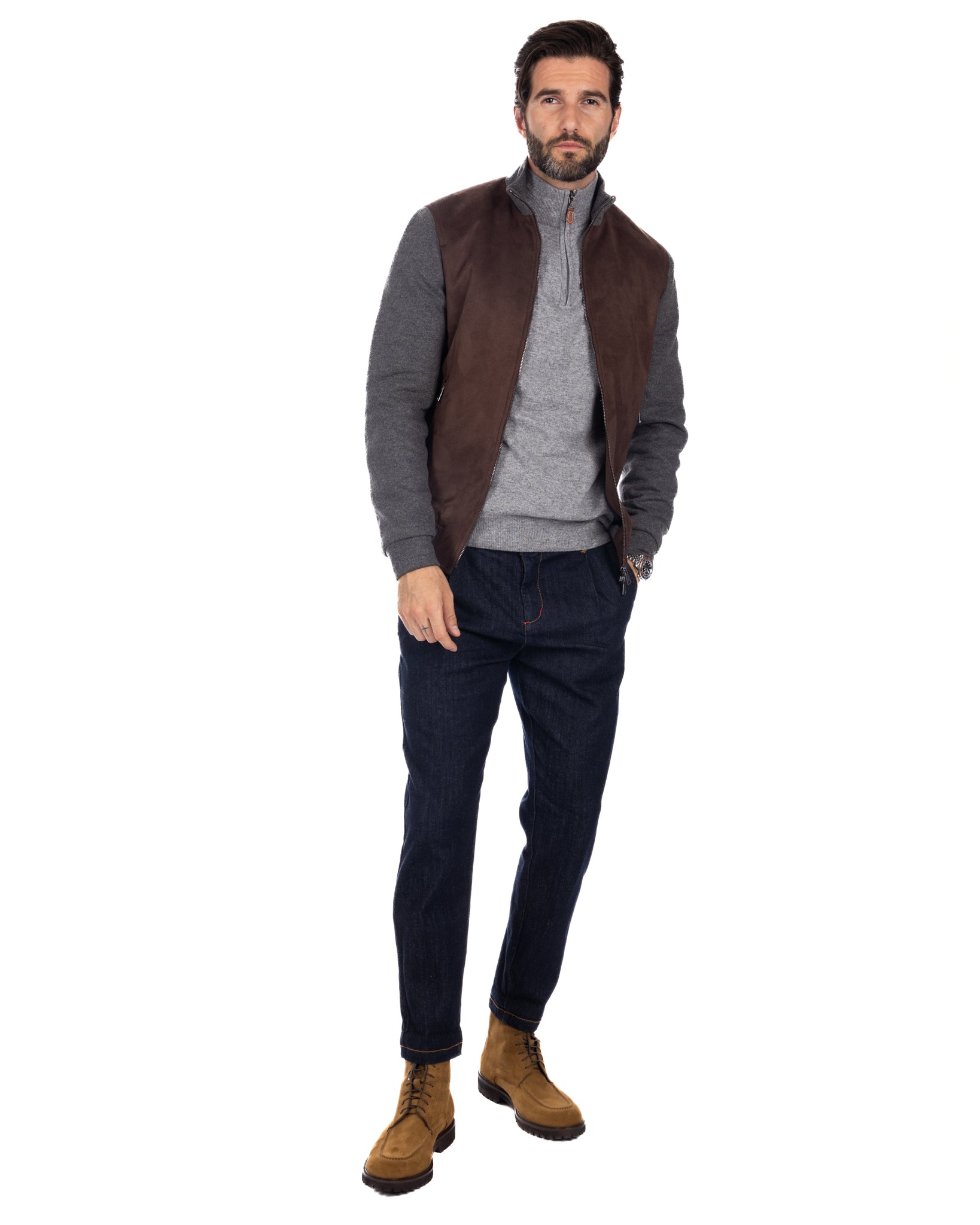 Travis - dark brown eco-suede jacket with zip