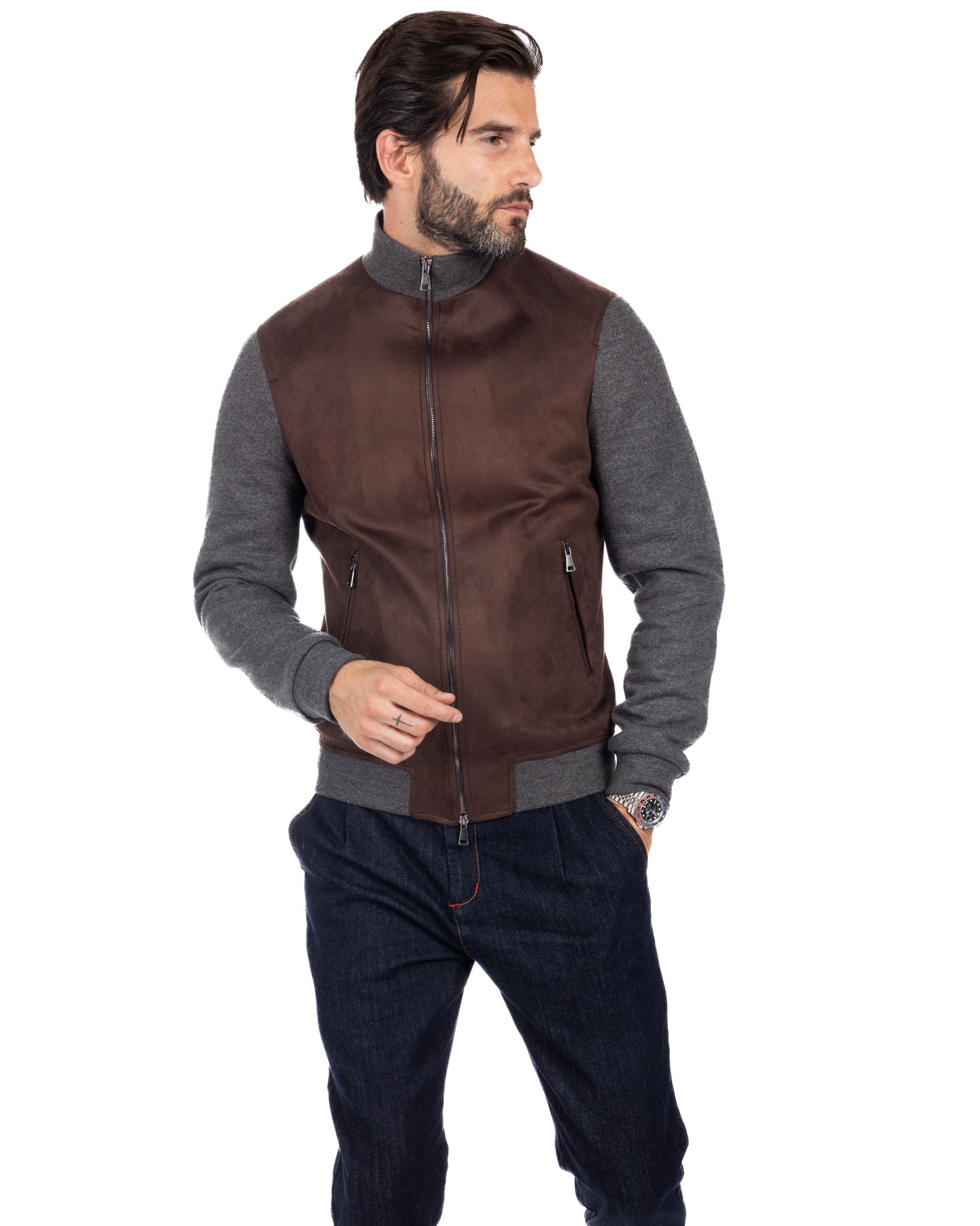 Travis - dark brown eco-suede jacket with zip