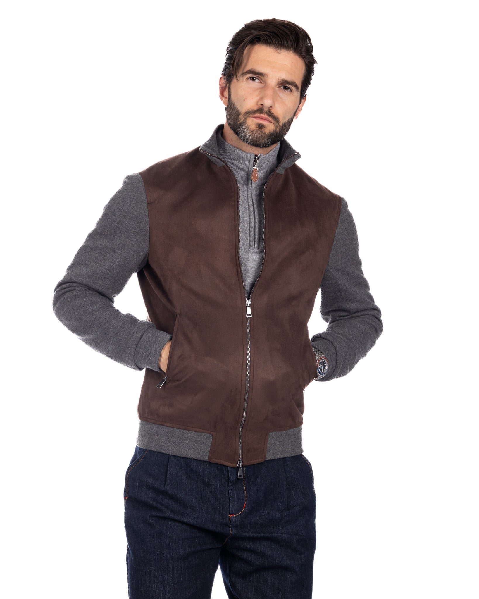Travis - dark brown eco-suede jacket with zip