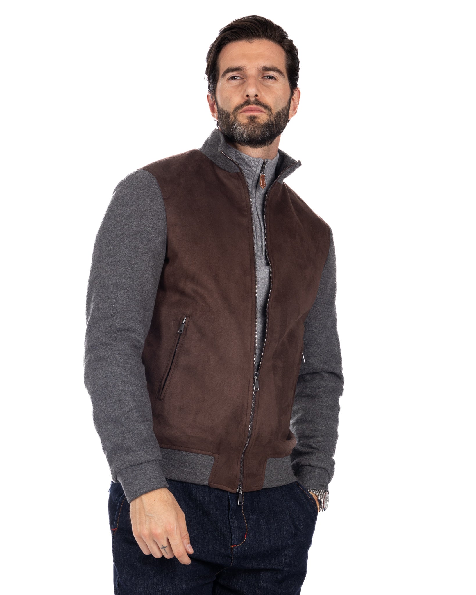 Travis - dark brown eco-suede jacket with zip