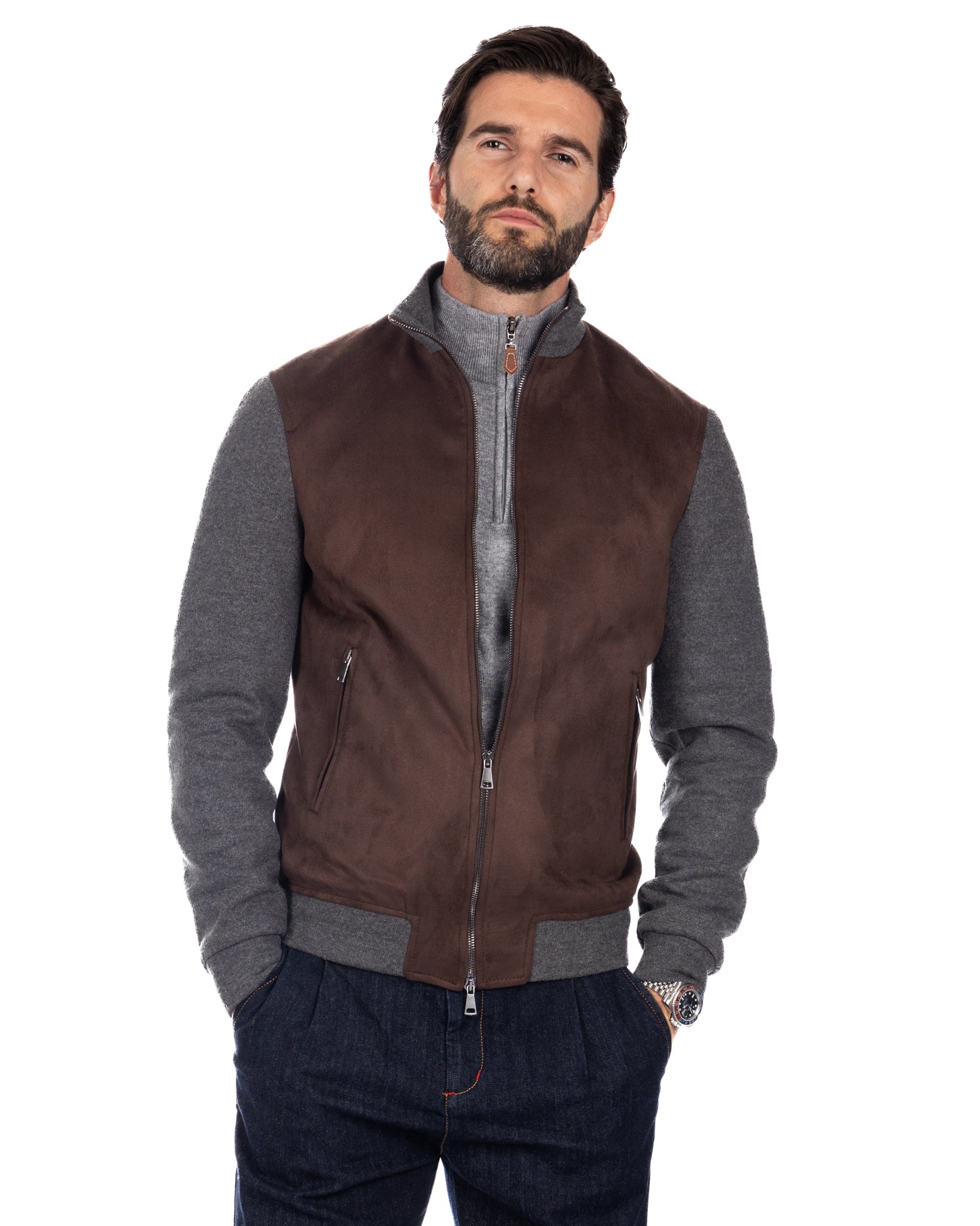 Travis - dark brown eco-suede jacket with zip