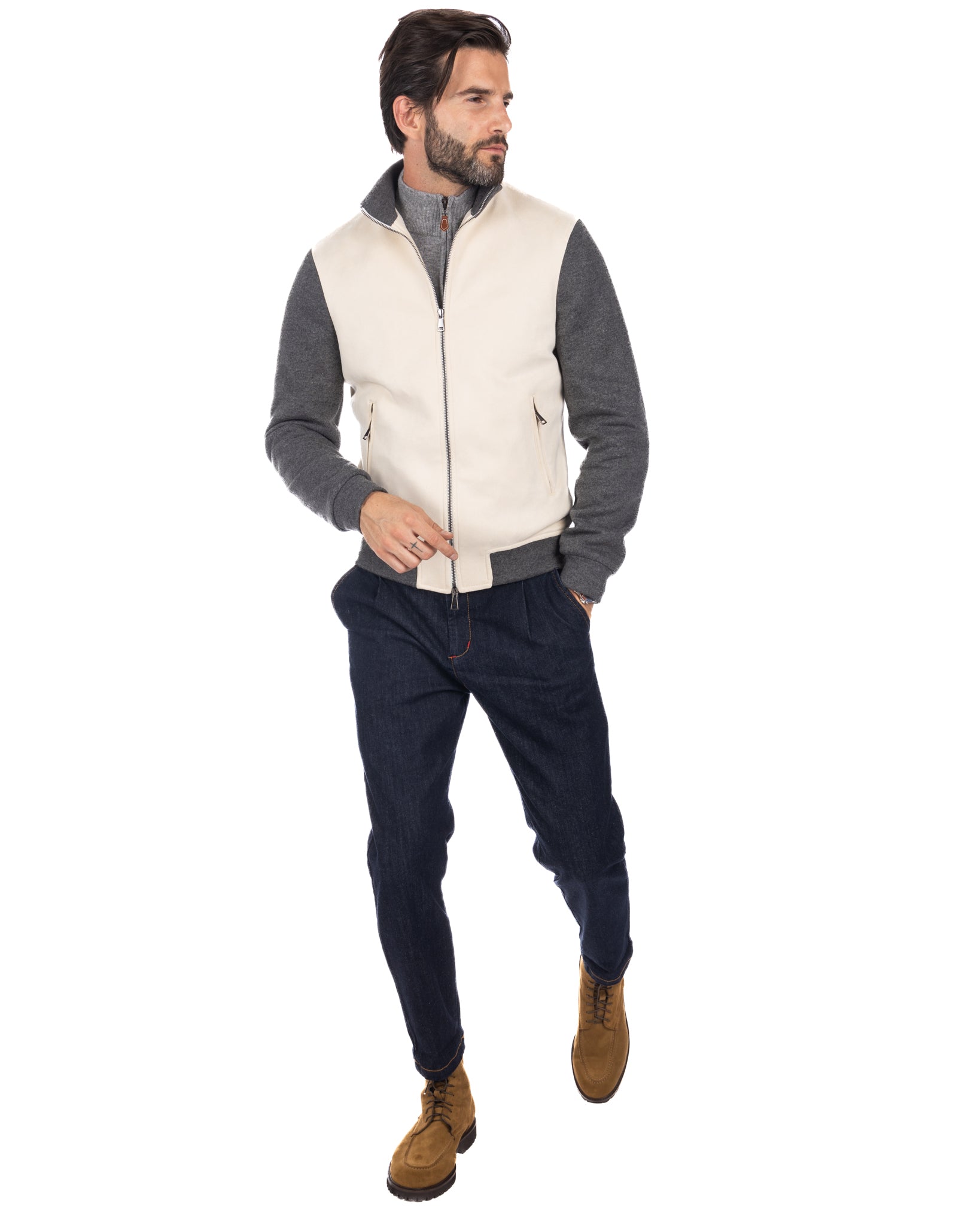Travis - cream eco-suede jacket with zip