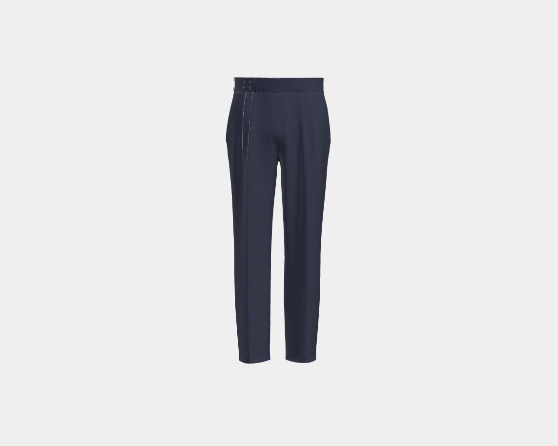 Pantalon avec bande tailleur en laine années 130 avec fenêtre bleue Caccioppoli