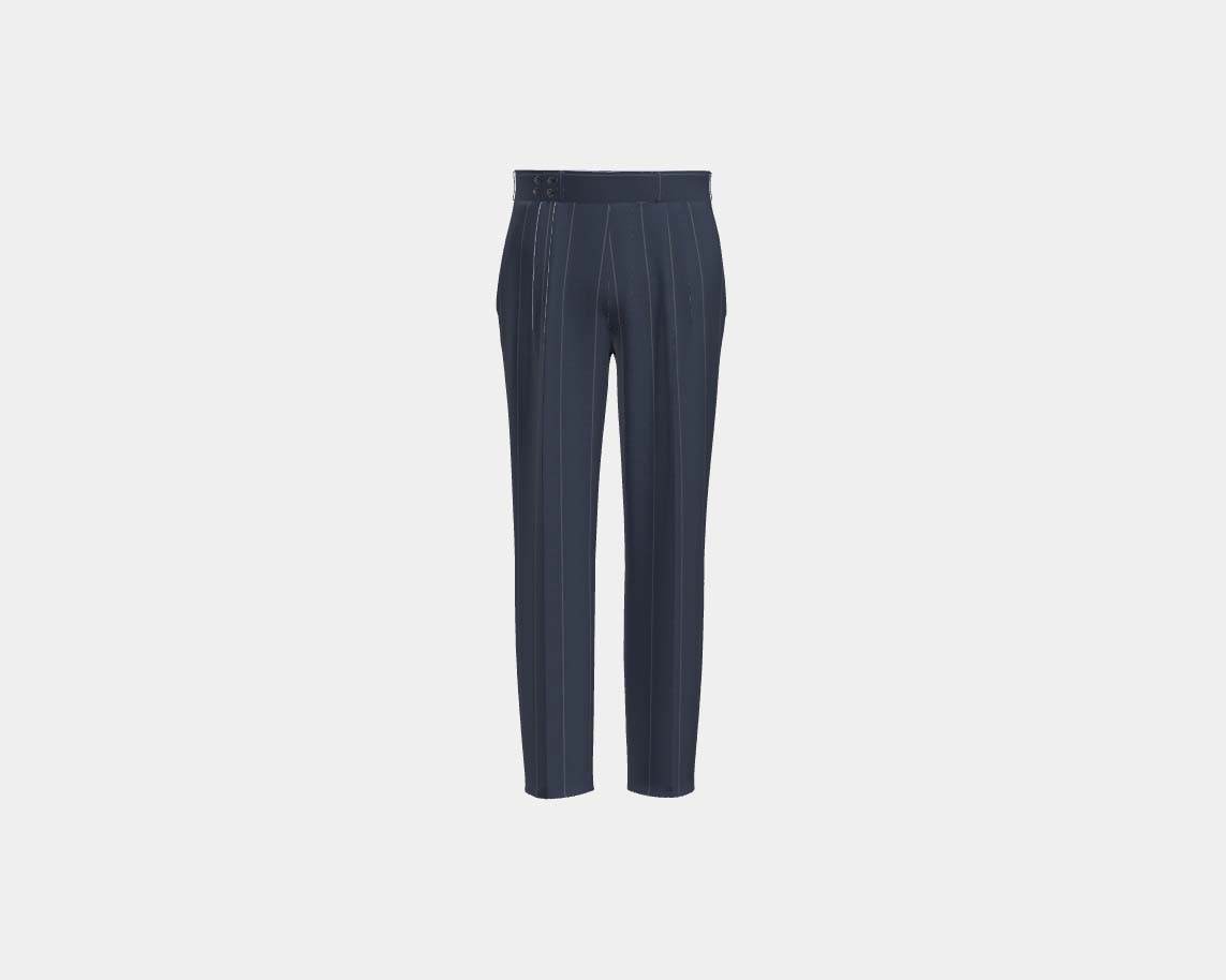 Caccioppoli blue pinstriped 130s wool tailored trousers with band