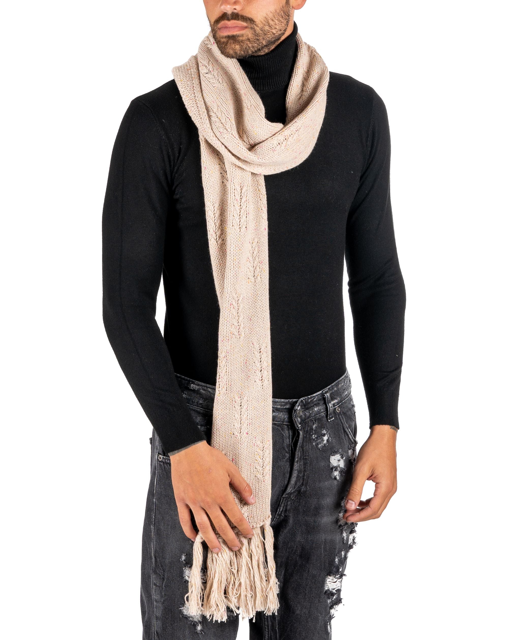 HEAVY WHITE SCARF WITH MULTICOLORED MICRO PATTERN FRINGES