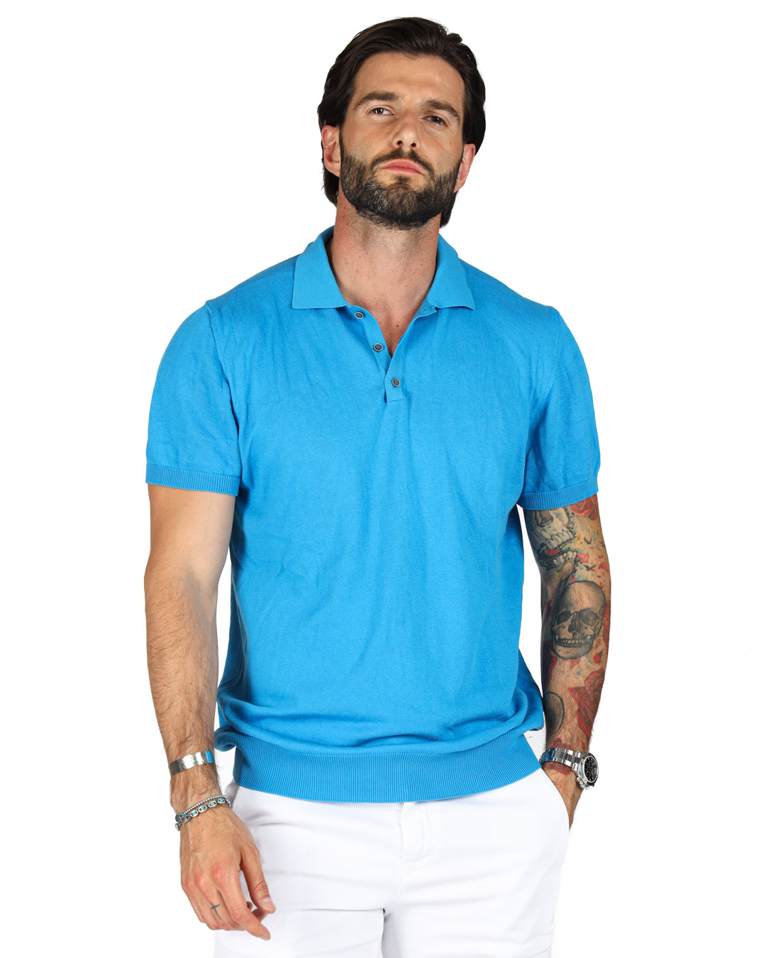 ROGER - POLO EN MAILLE BLEU CLAIR