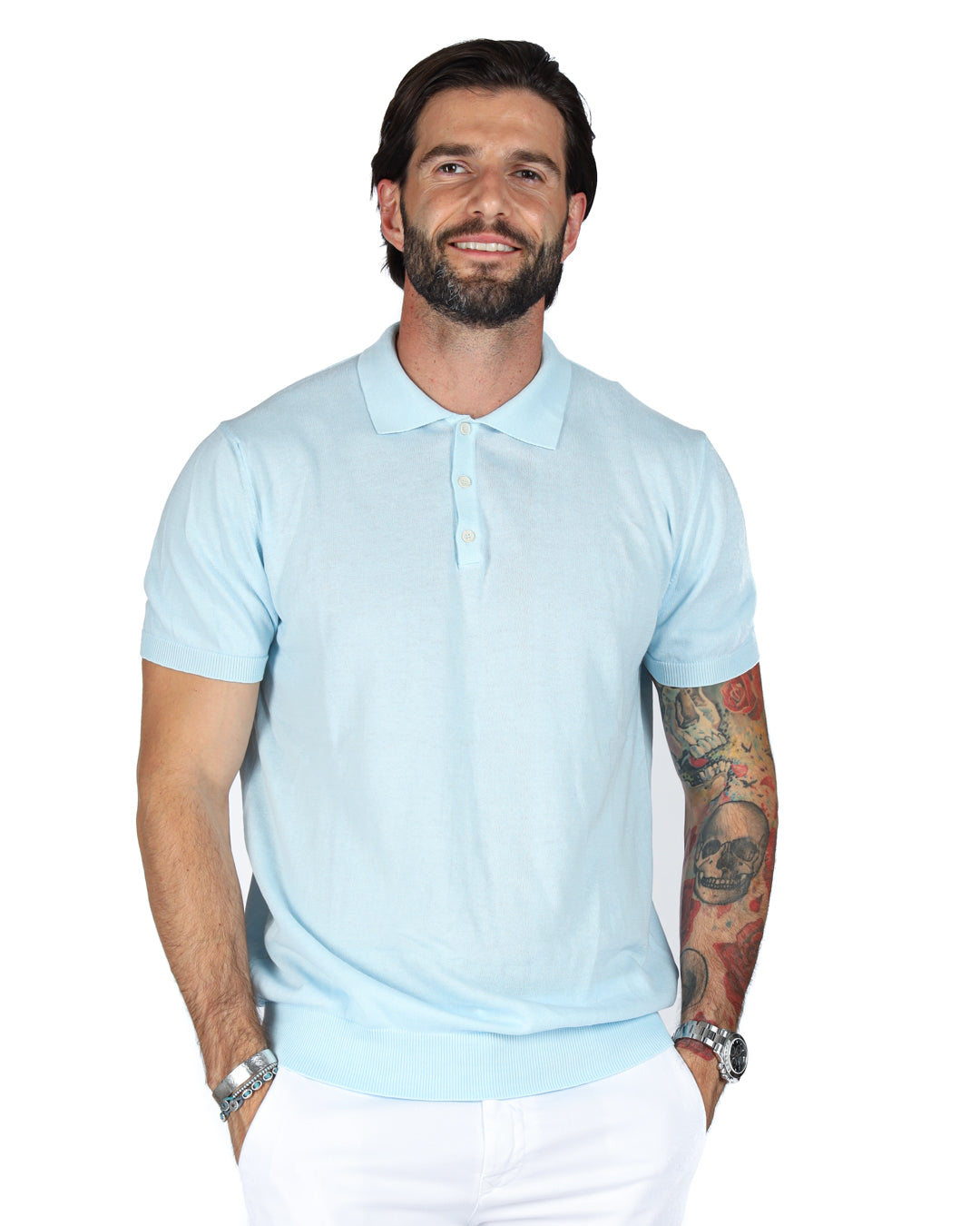 ROGER - LIGHT BLUE KNITTED POLO SHIRT