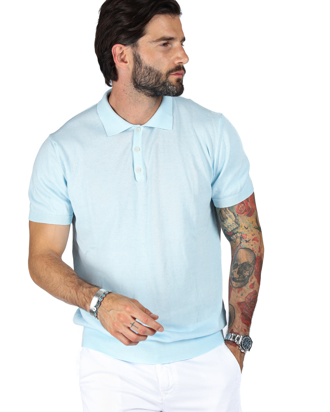 ROGER - LIGHT BLUE KNITTED POLO SHIRT