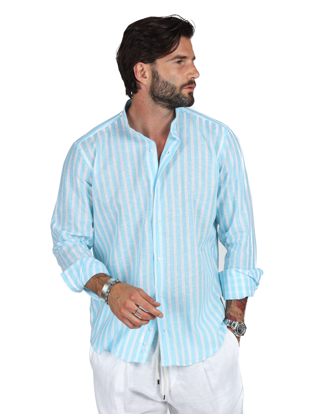 Procida - Korean shirt with turquoise wide stripes in linen
