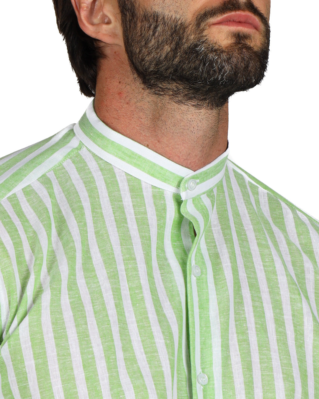 Procida - Korean shirt with wide green stripes in linen