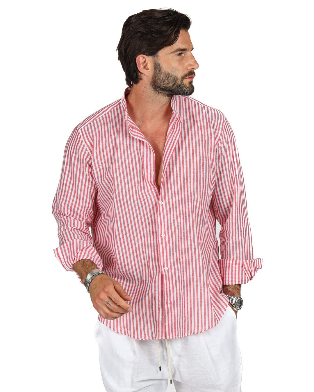 Ischia - Red narrow striped Korean linen shirt