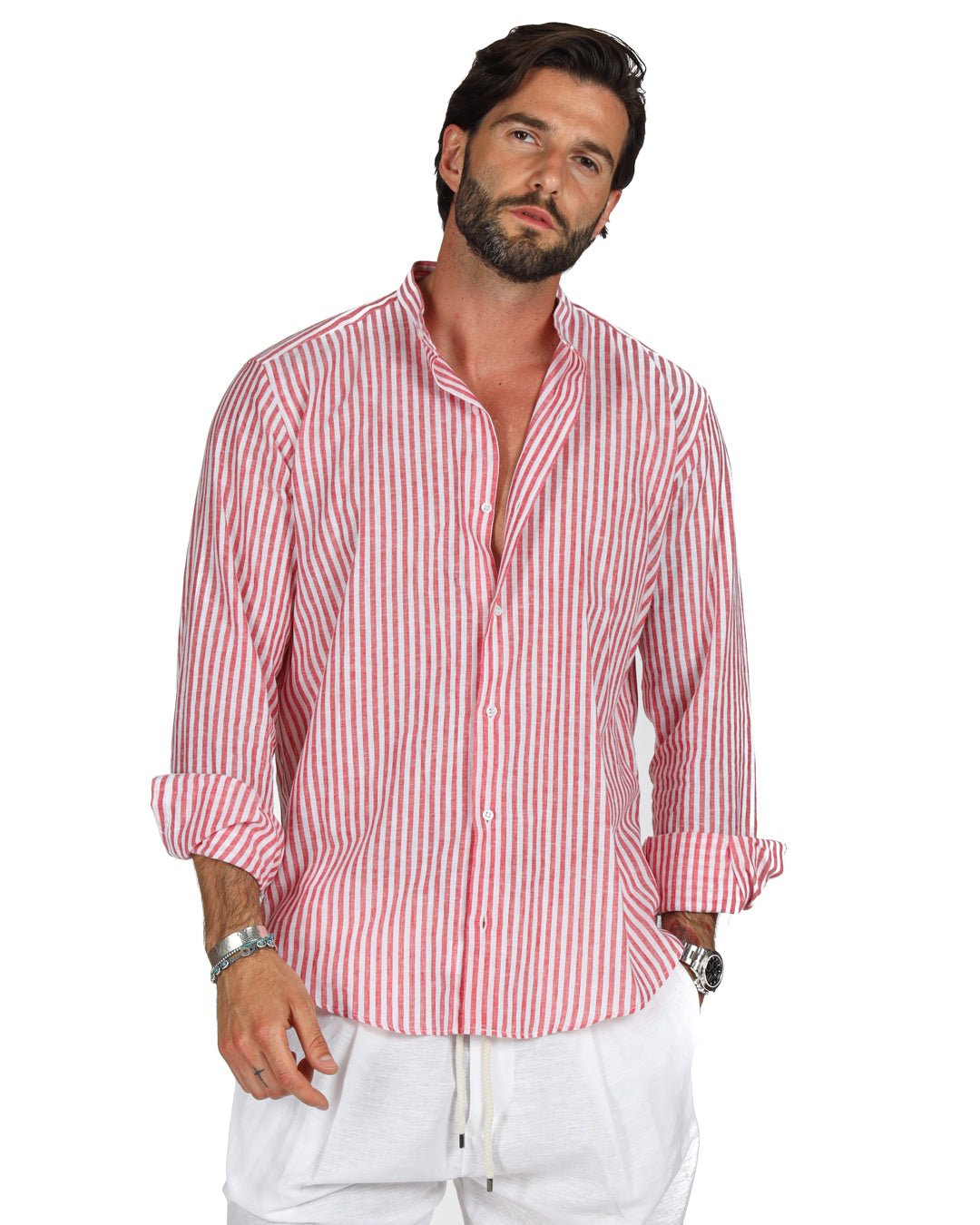 Ischia - Red narrow striped Korean linen shirt