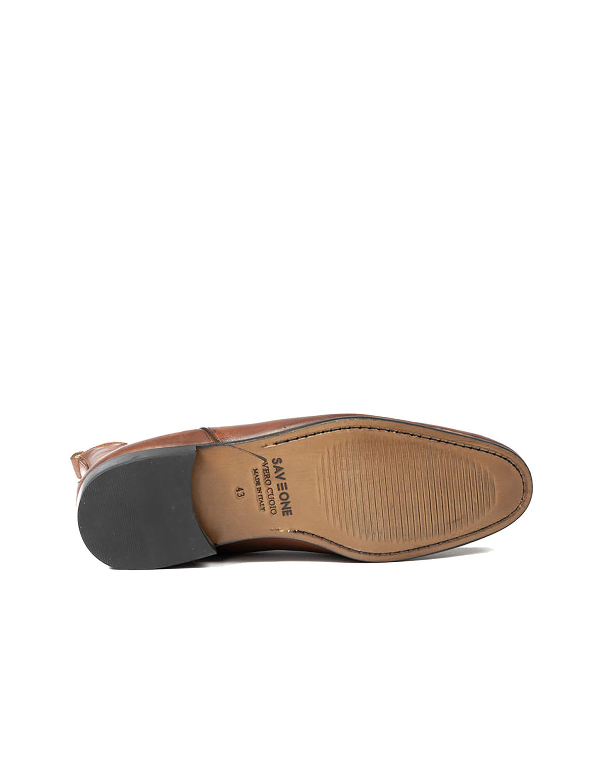 Brown leather dress shoe sole with detailed stitching, featuring a sleek, classic style perfect for formal occasions.