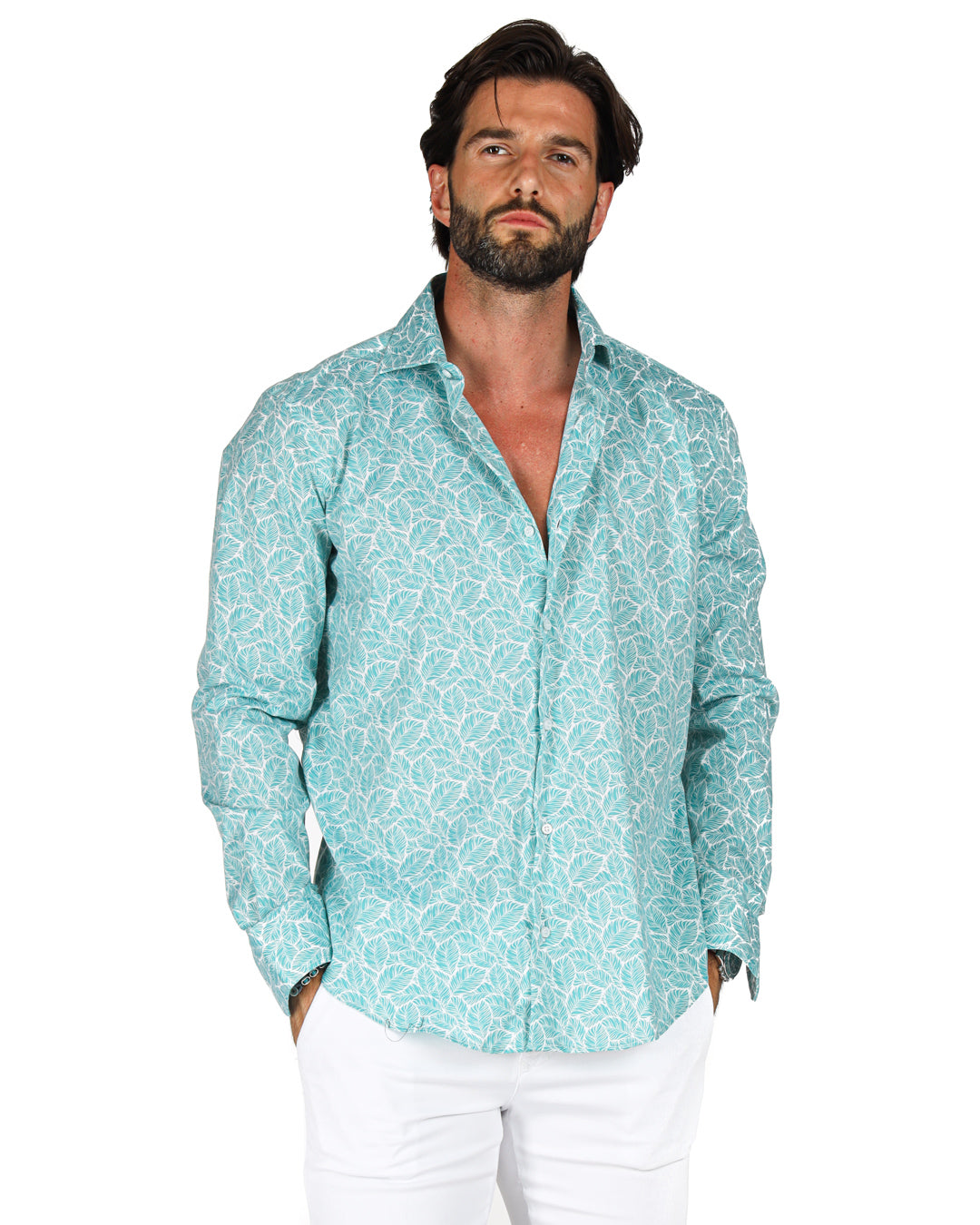 Men's light blue floral print shirt, made from breathable cotton, featuring a modern slim fit and long sleeves.