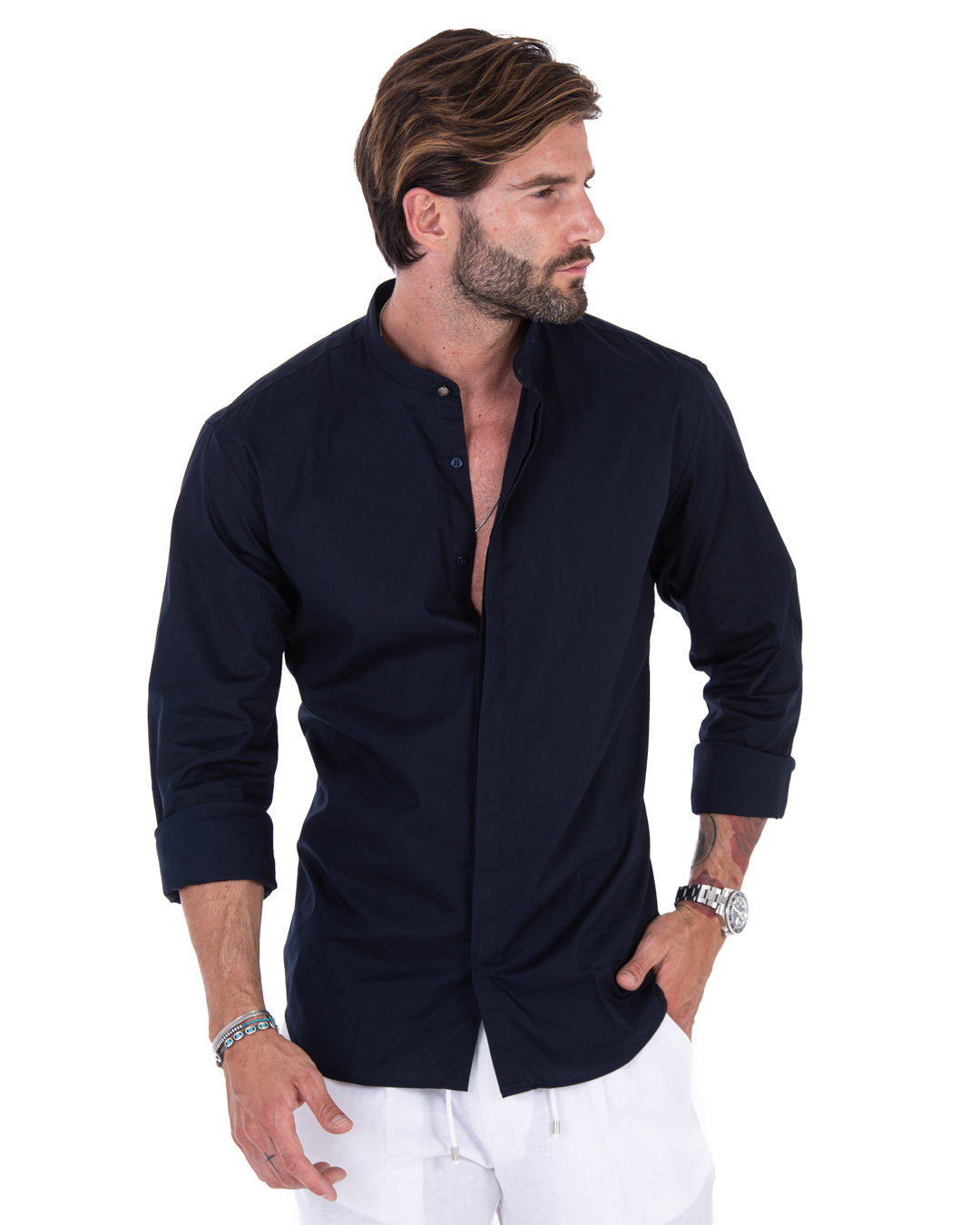 Chemise - basic coréen bleu en coton